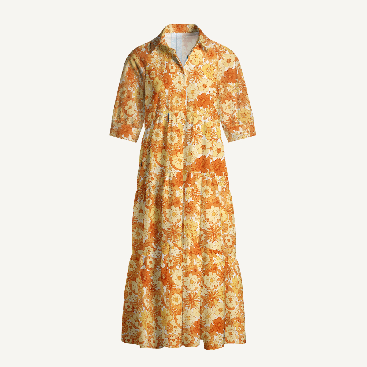 Retro Orange Floral Bloom Elbow-Length Sleeve Women Midi Dress