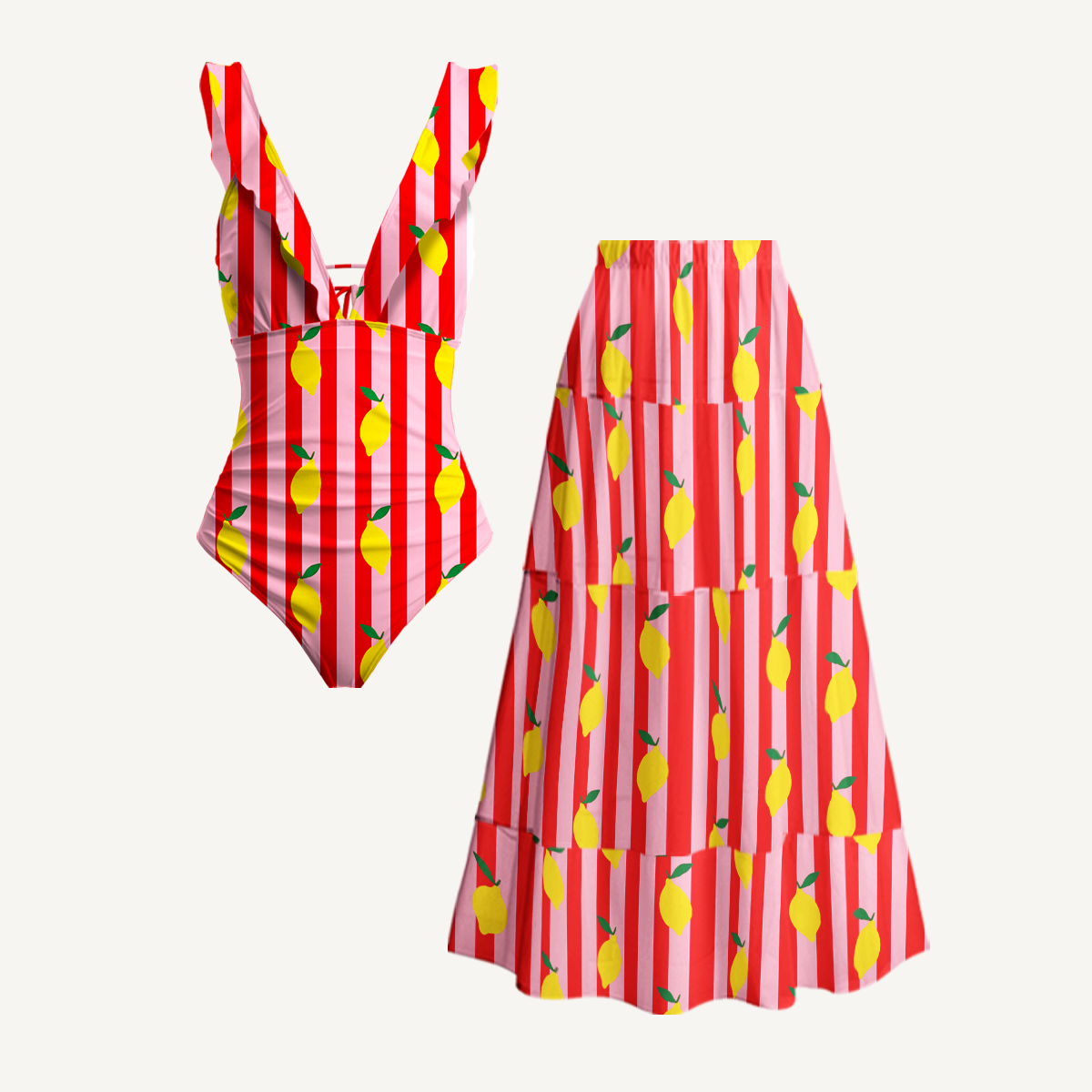 Citrus Stripe Ruffled V Neck One Piece Swimsuit and Matching Midi Skirt Set
