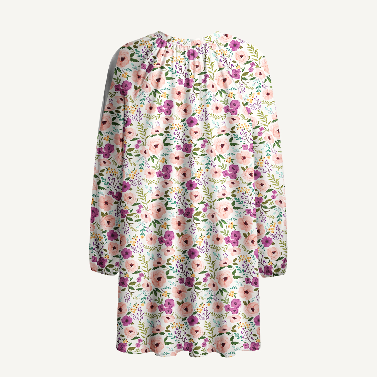 Pink and Purple Wildflower Tie‑Neck Long Sleeve Mini Dress For Women