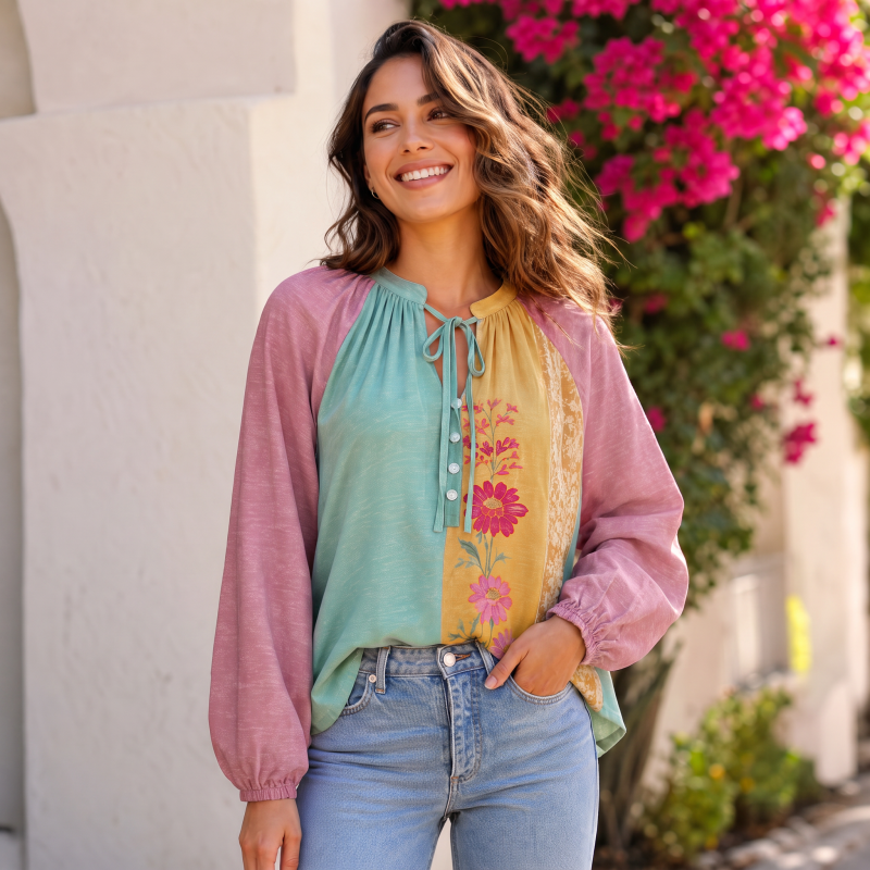 Sunset Stripe Florals Boho Long Sleeve Tie‑Neck Blouse