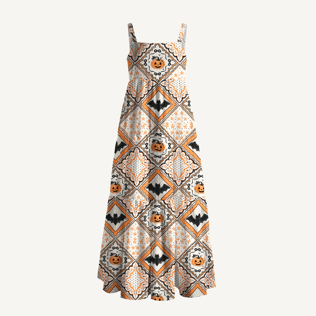 Halloween Bat & Pumpkin Vintage Boho Strap Maxi Dress With Pockets