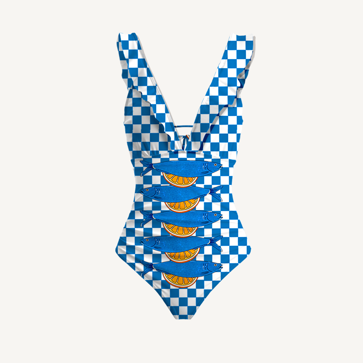 Blue Check Lemon Ruffled V Neck One Piece Swimsuit and Matching Midi Skirt Set