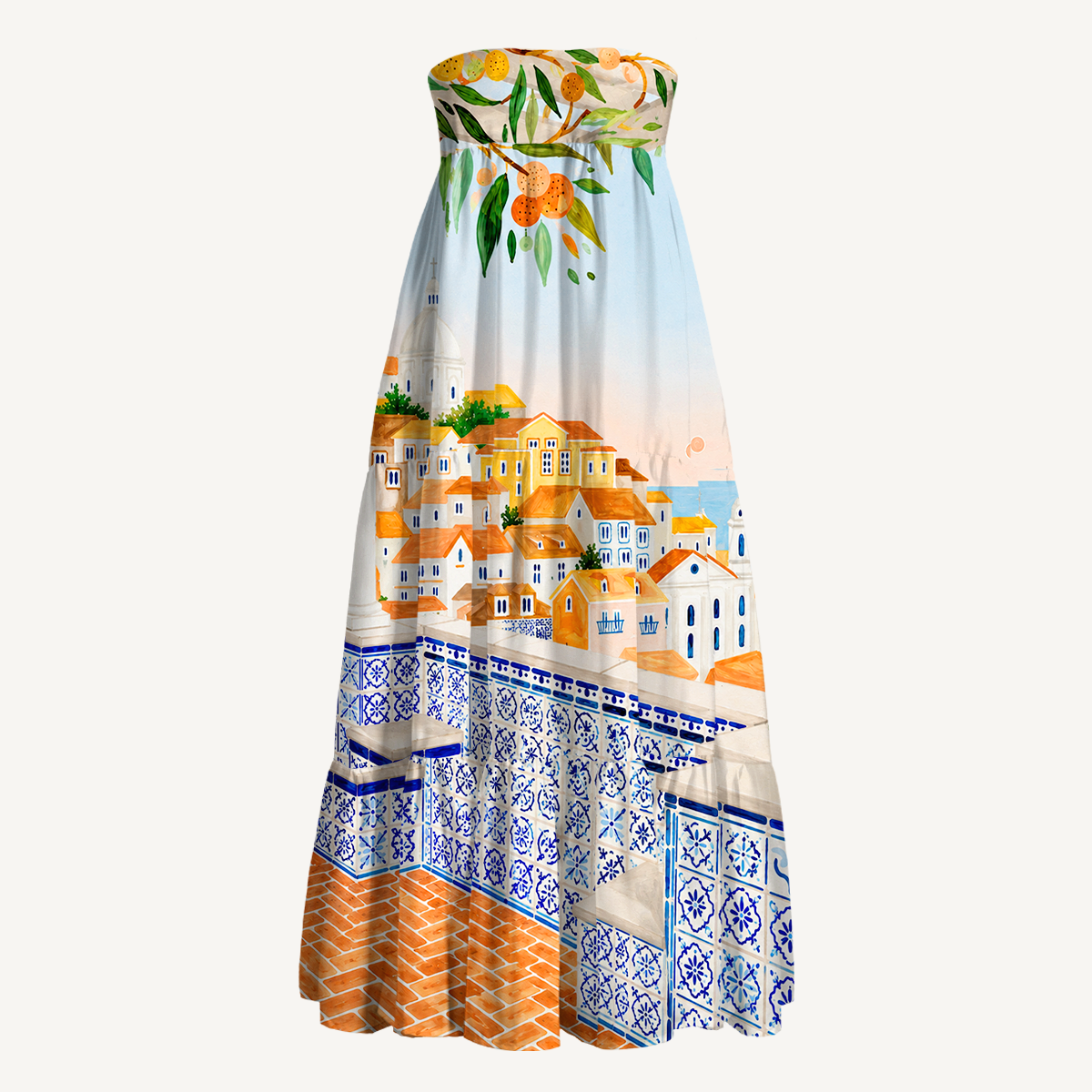 Lisbon Cityscape Print Maxi Skirt & Strapless Dress  