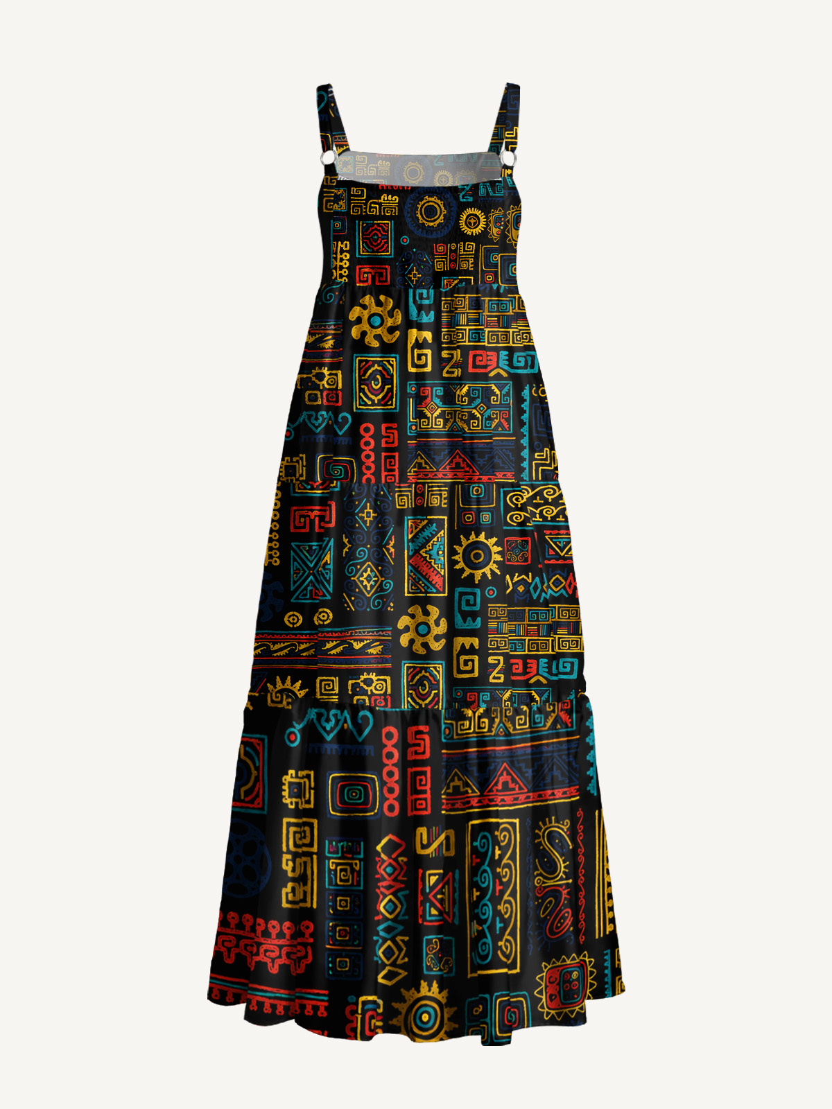 Aztec Sun Symbol Tapestry Strap Maxi Dress With Pockets