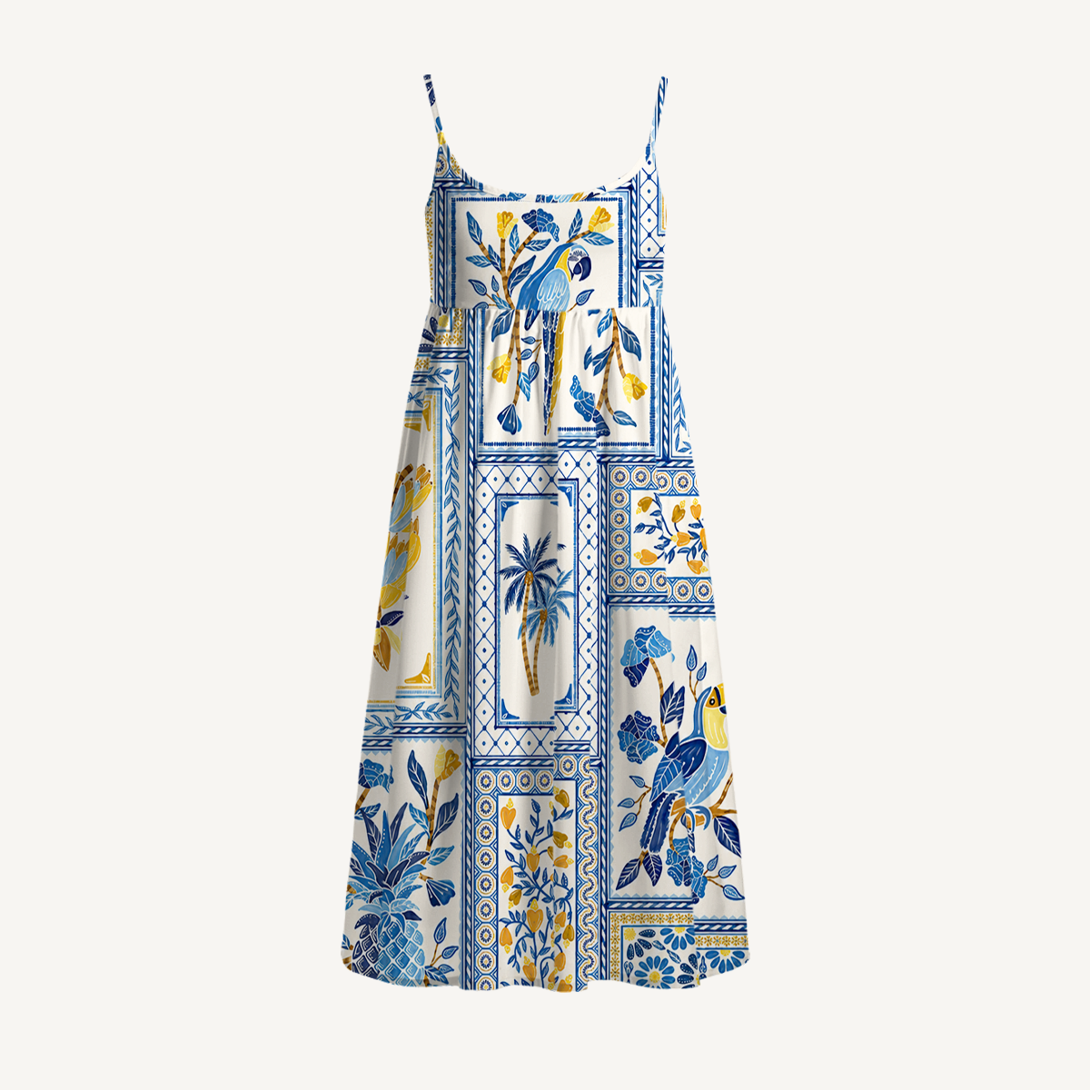 Blue Tropical Tile Spaghetti Strap Mini Dress