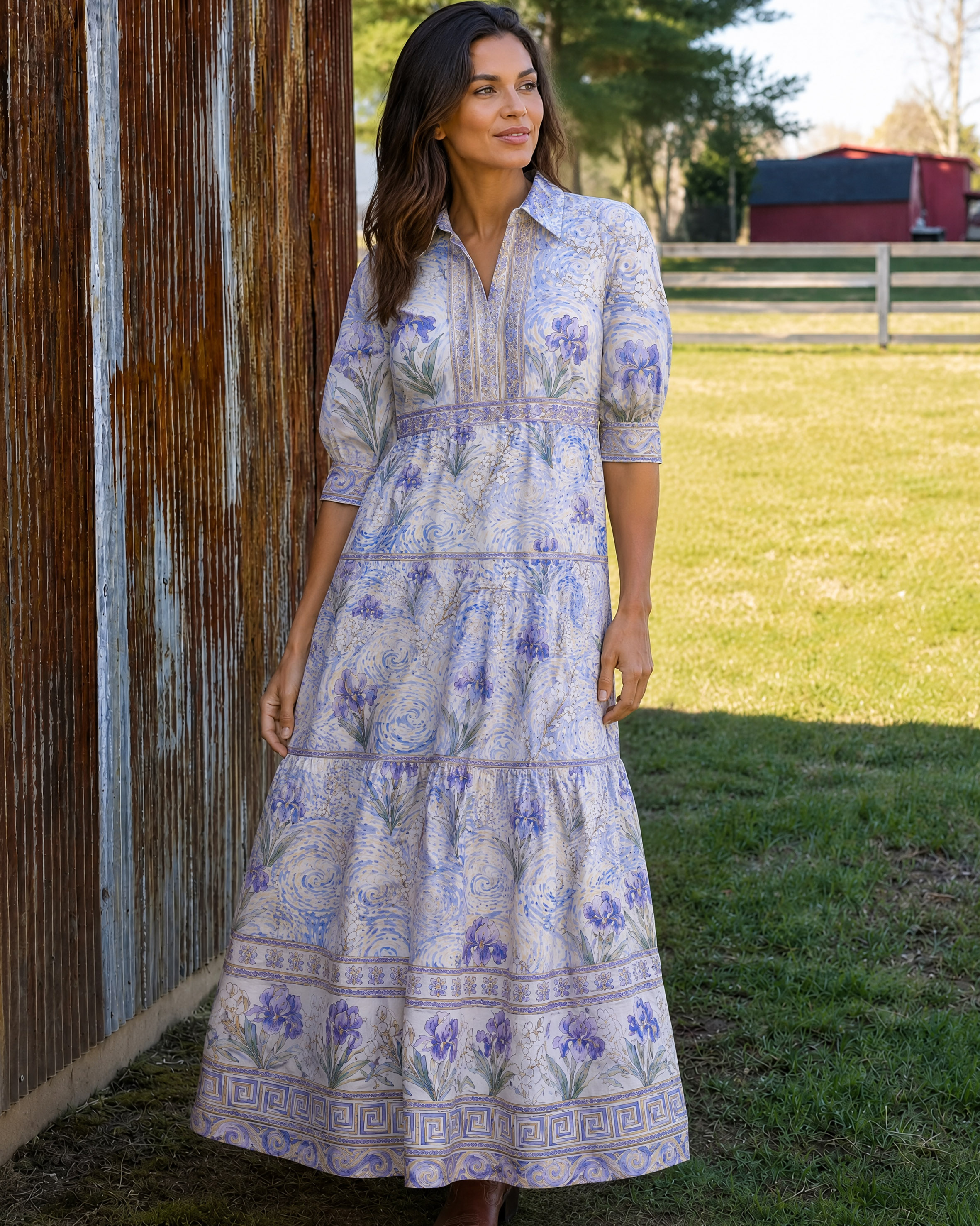 Starry Night Iris Flower Elbow-Length Sleeve Midi Dress For Women