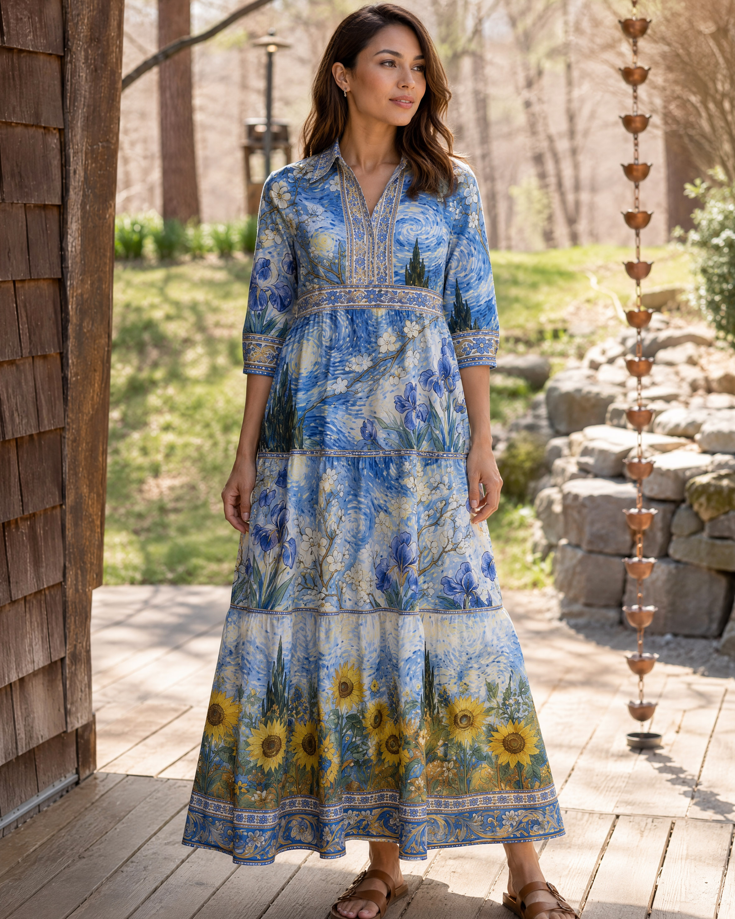 Starry Night Moonlit Garden Elbow-Length Sleeve Women Midi Dress