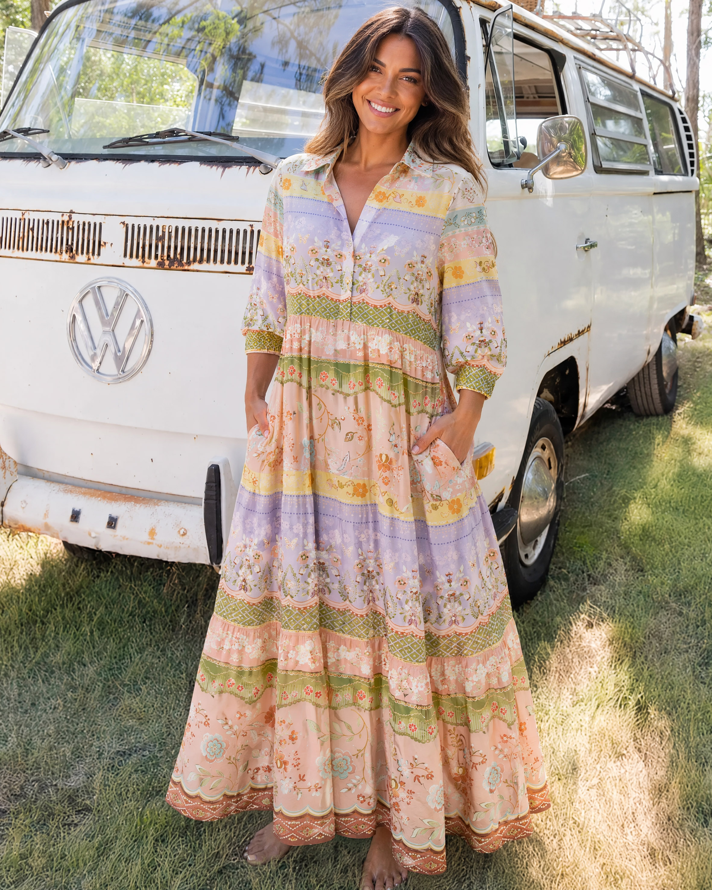 Butterfly Botanical Boho Elbow-Length Sleeve Midi Dress