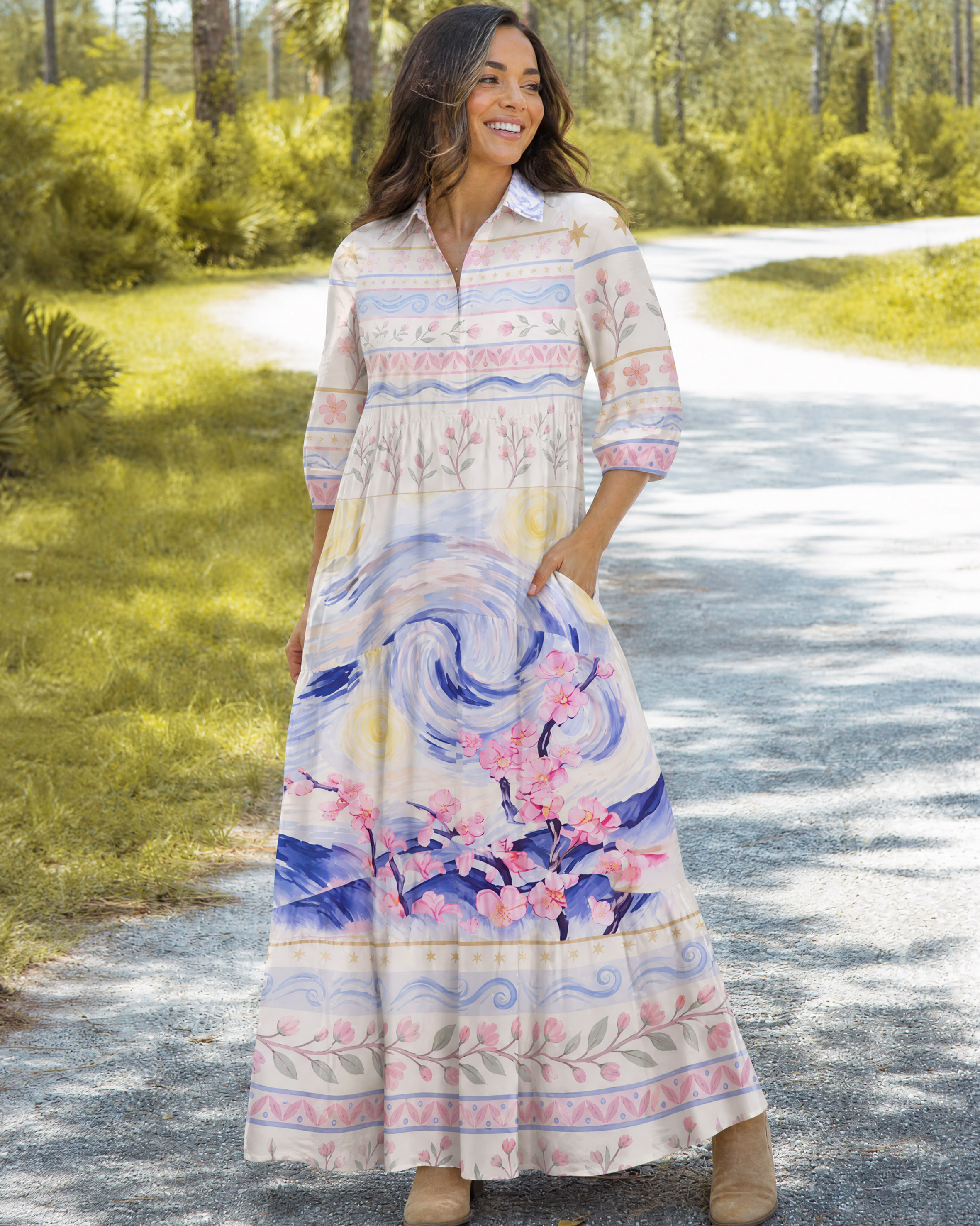 Starry Night Cherry Blossom Swirl Elbow-Length Sleeve Midi Dress