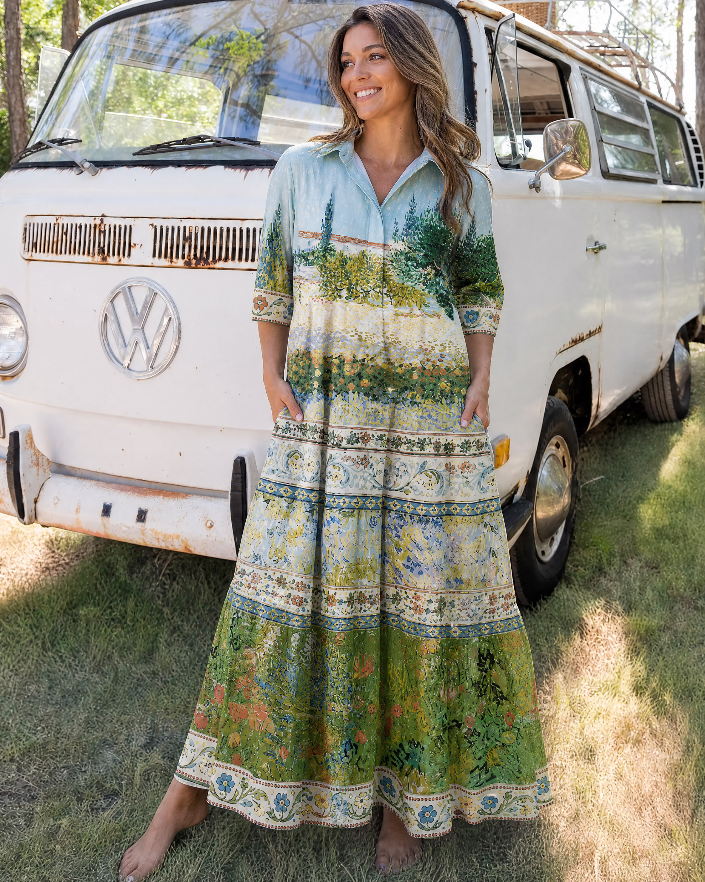 Van Gogh Garden with Flowers Elbow-Length Sleeve Midi Dress