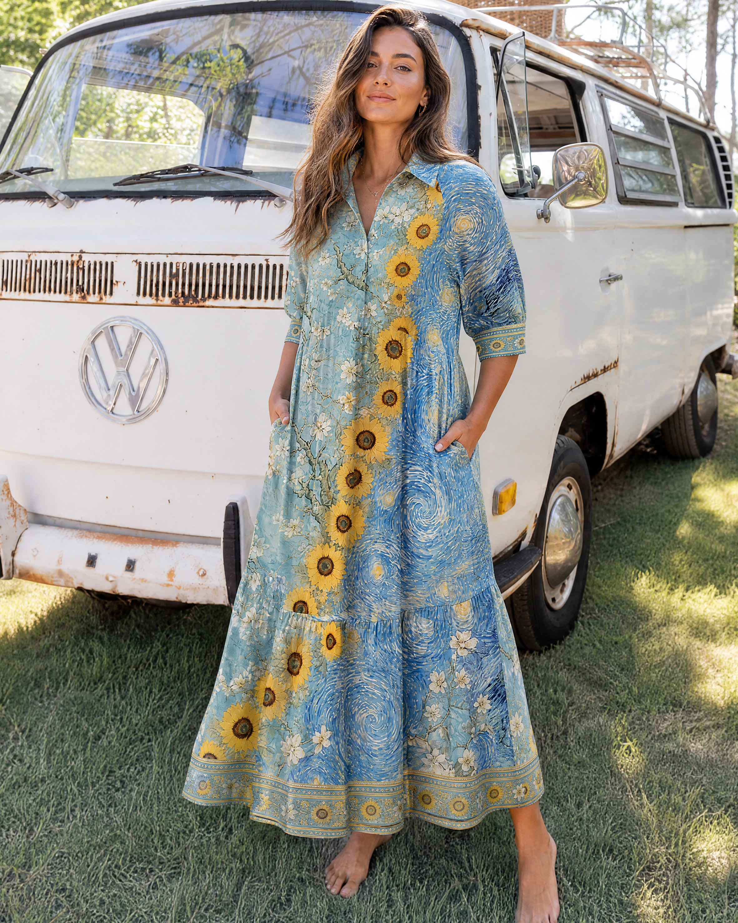 Van Gogh Almond Blossom Starry Night Sunflowers Midi Dress