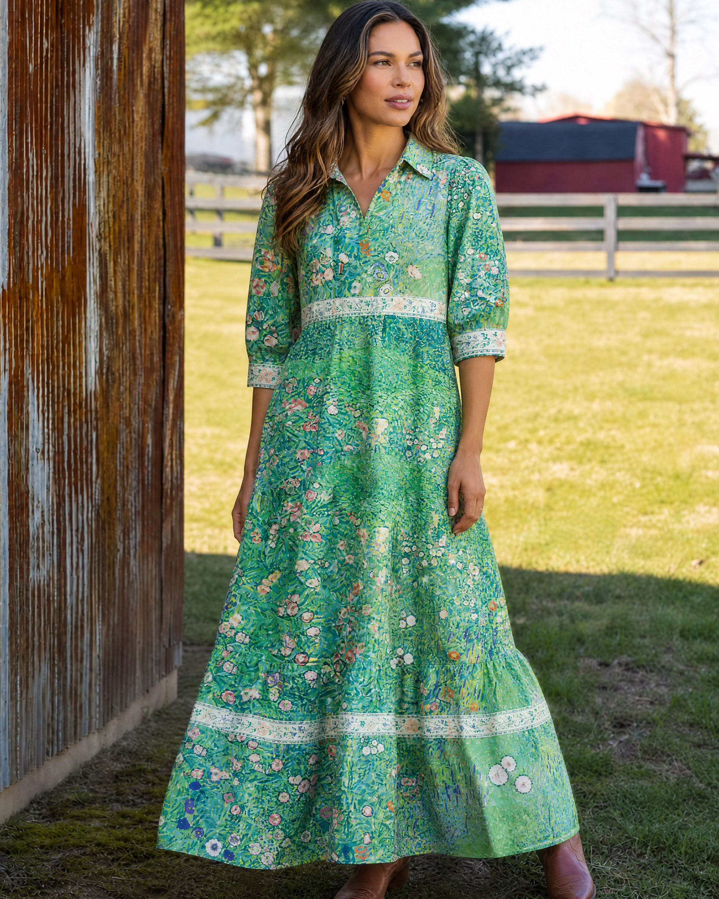Gustav Klimt Italian Garden Landscape Elbow-Length Sleeve Midi Dress