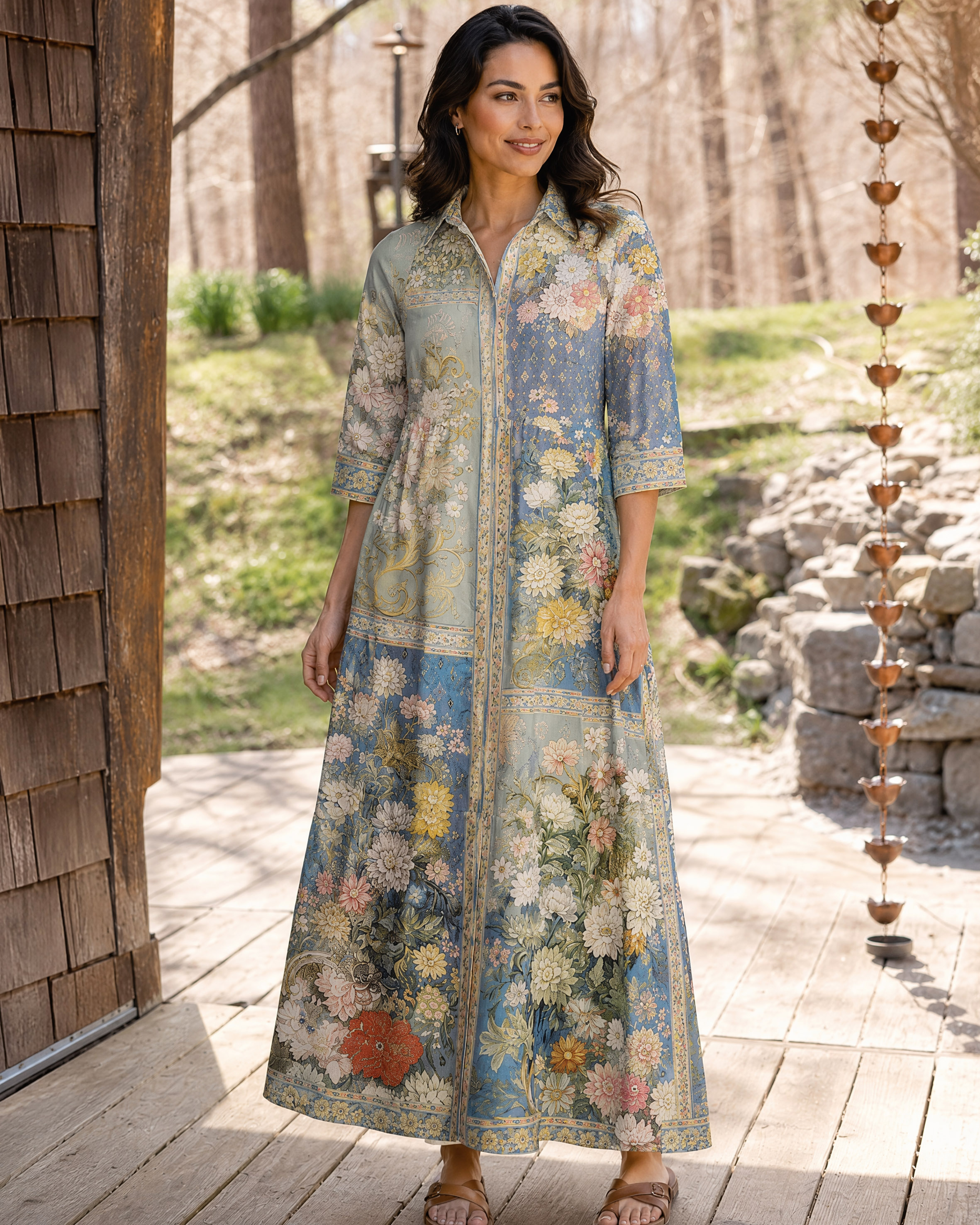 Van Gogh Bouquet of Flowers in a Vase Elbow-Length Sleeve Midi Dress