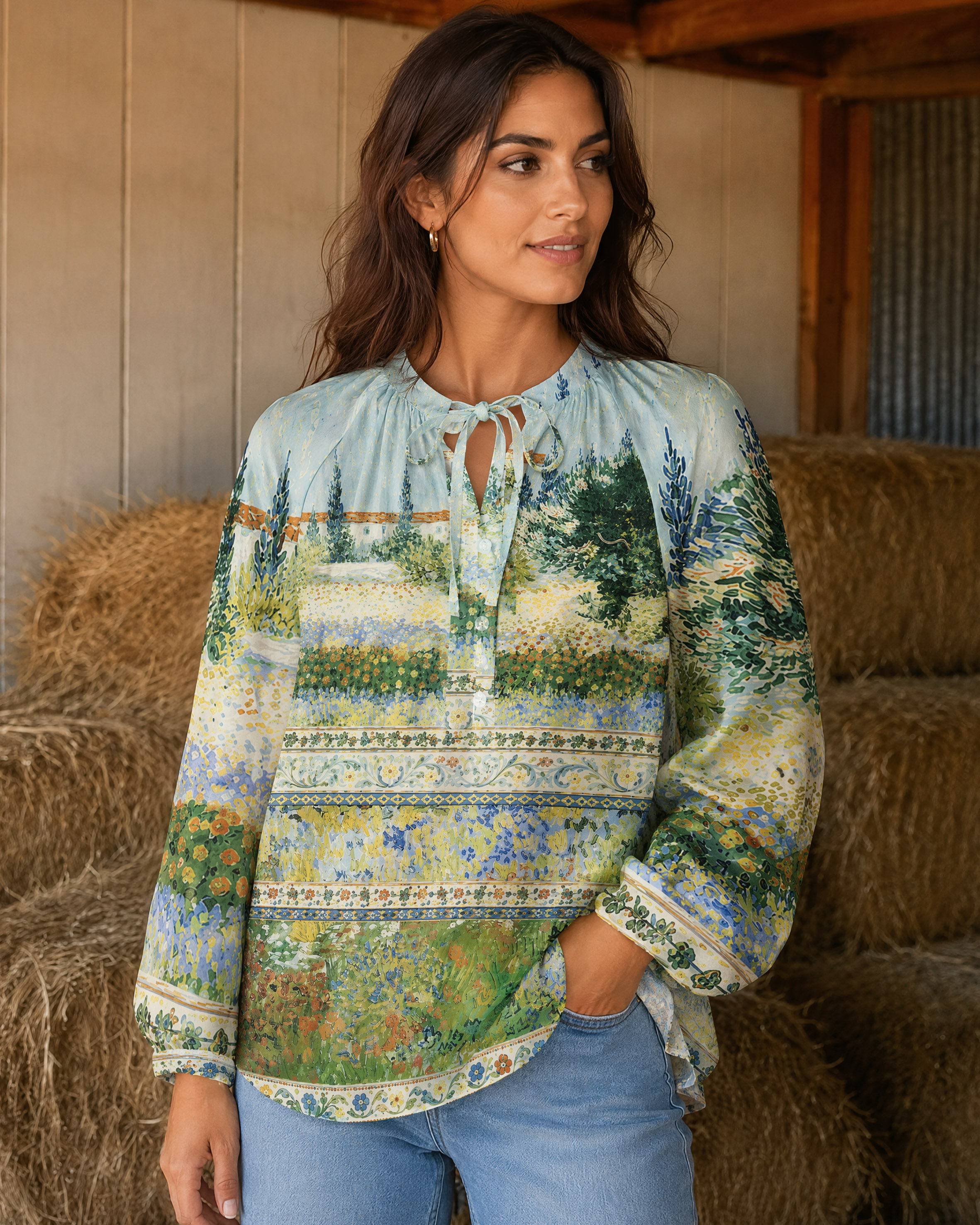 Van Gogh Garden with Flowers Long Sleeve Tie‑Neck Blouse