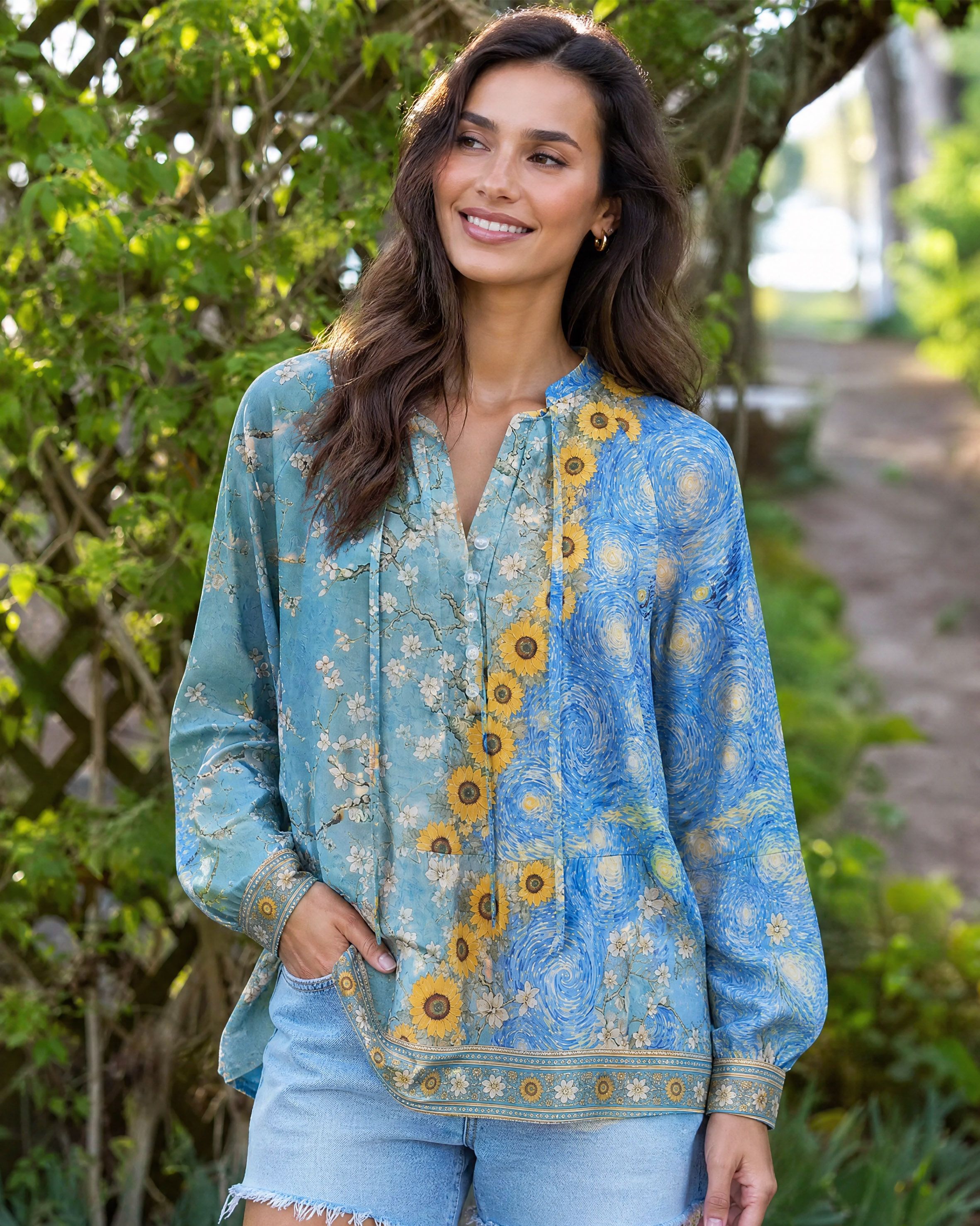 Van Gogh Almond Blossom Starry Night Sunflowers Long Sleeve Tie‑Neck Blouse