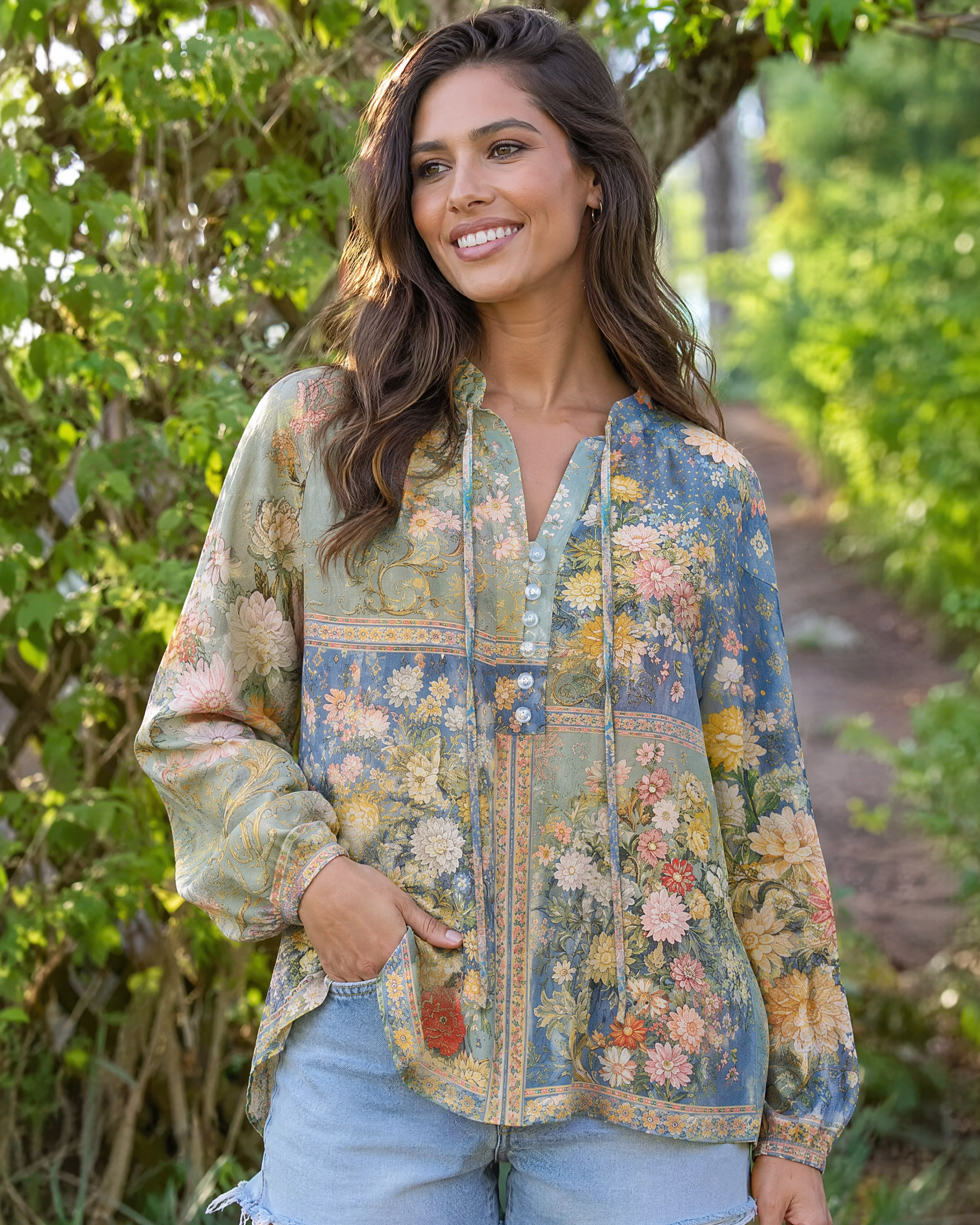 Van Gogh Bouquet of Flowers in a Vase Long Sleeve Tie‑Neck Blouse