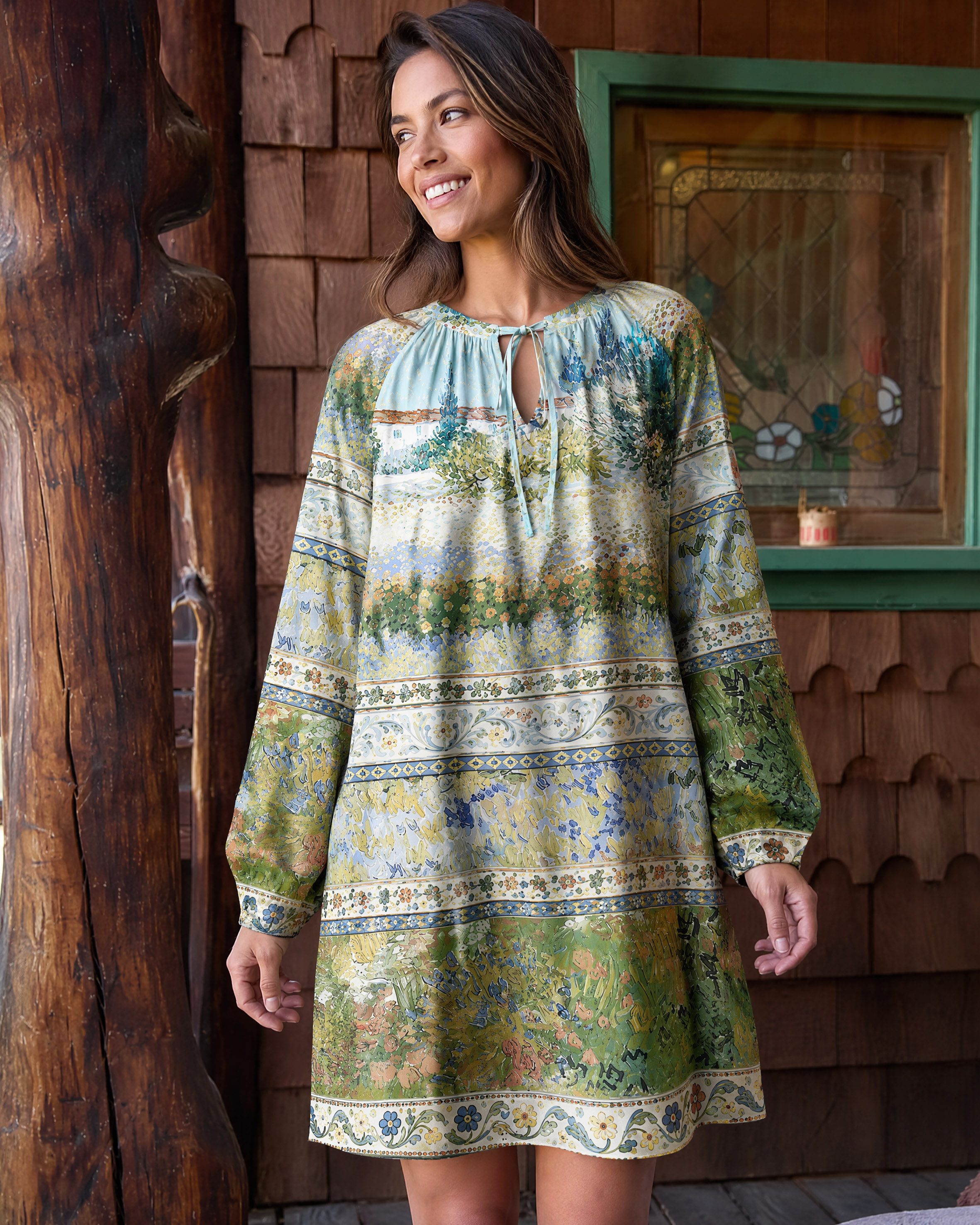 Van Gogh Garden with Flowers Long Sleeve Mini Dress For Women