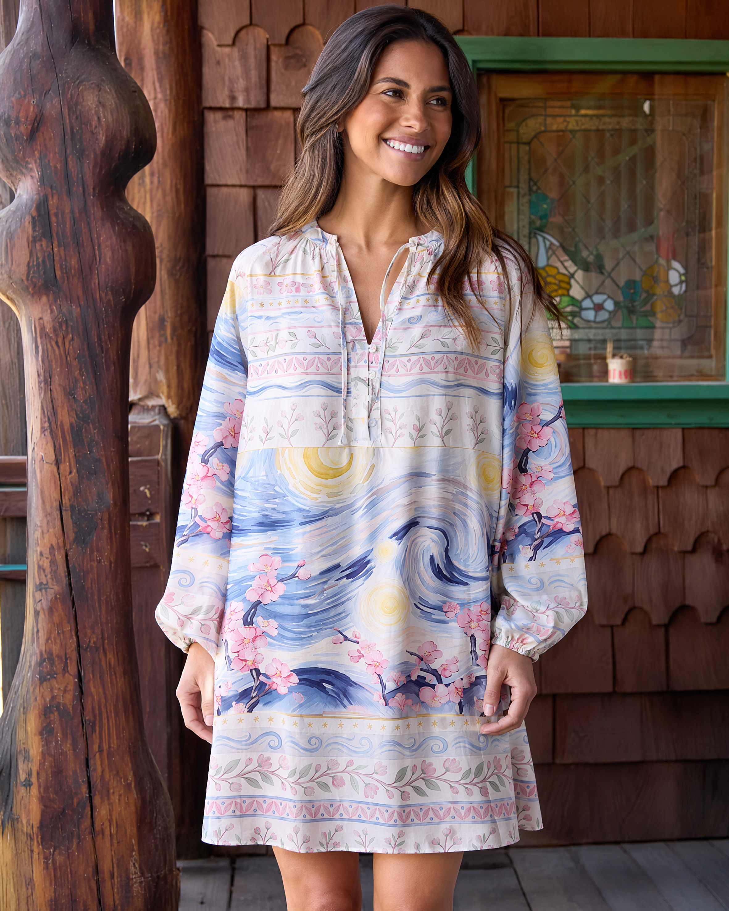 Starry Night Cherry Blossom Swirl Long Sleeve Women Mini Dress