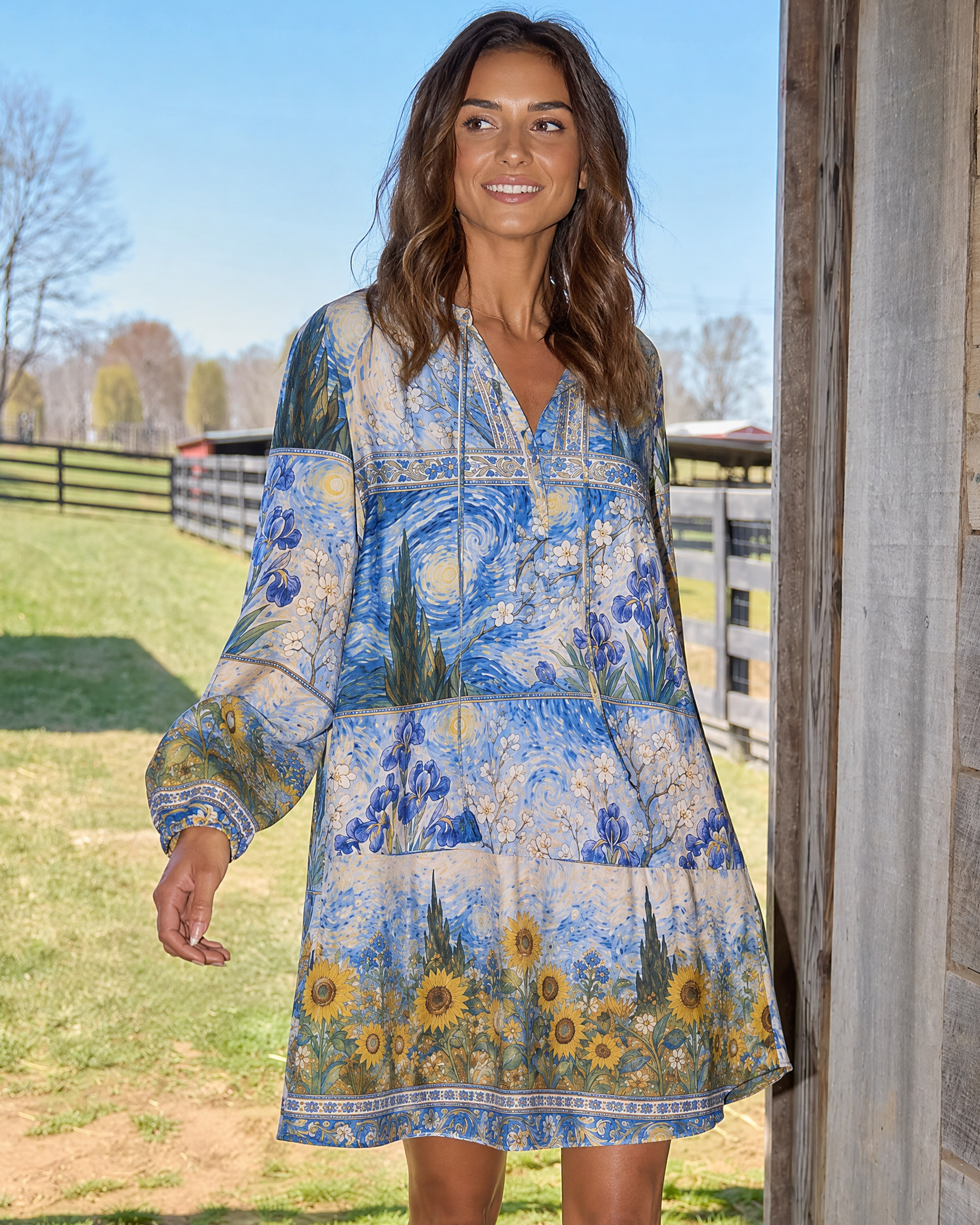 Starry Night Moonlit Garden Long Sleeve Mini Dress