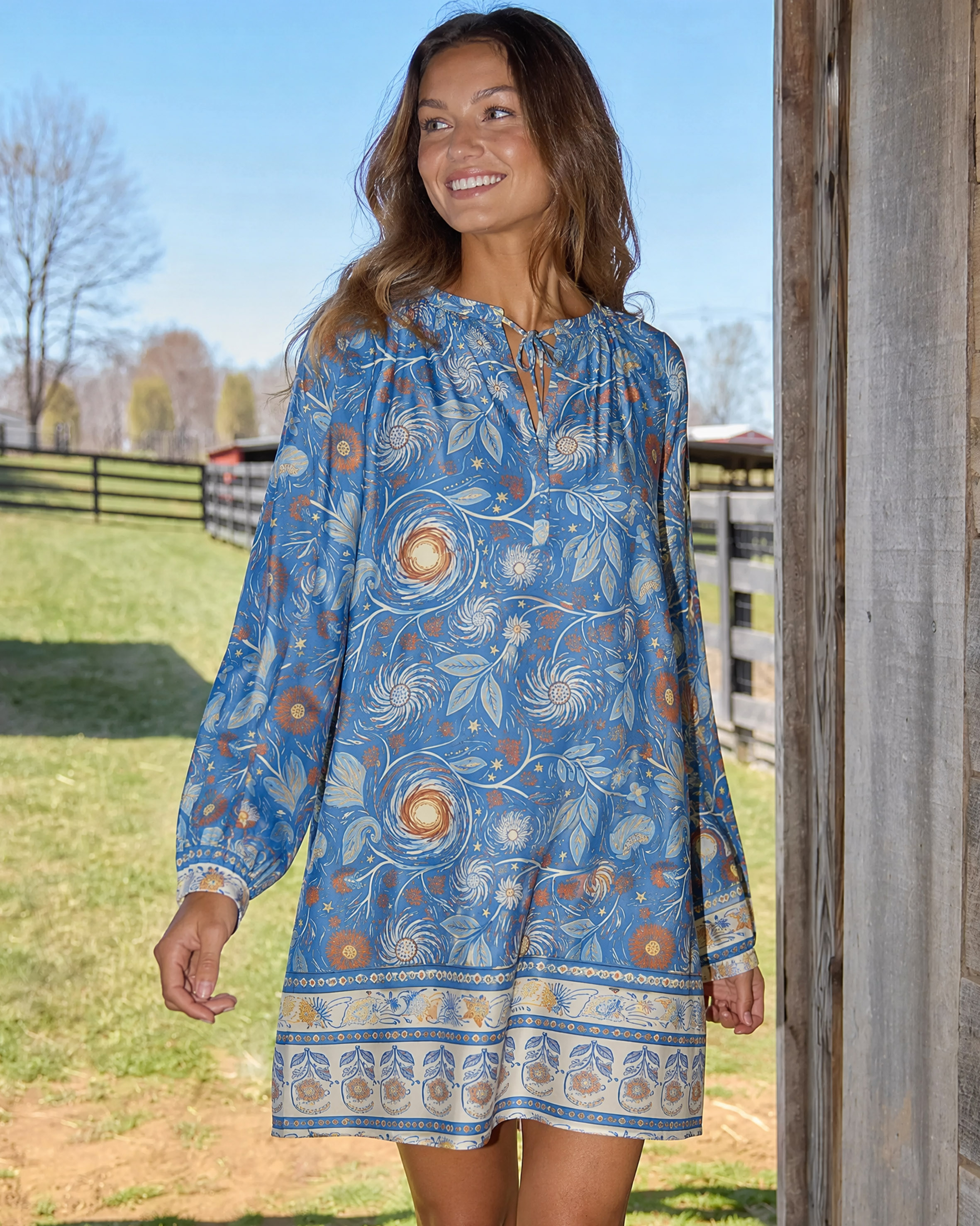 Starry Night Swirl Floral Boho Long Sleeve Mini Dress