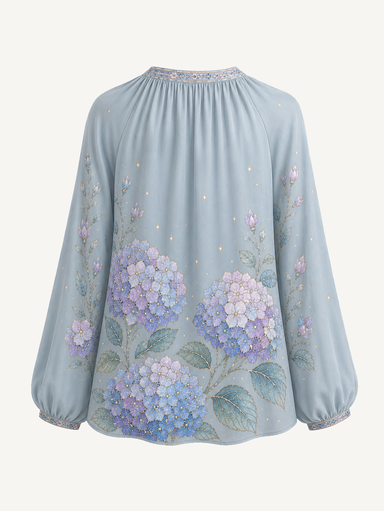 Hydrangea Floral Boho Long Sleeve Tie‑Neck Blouse