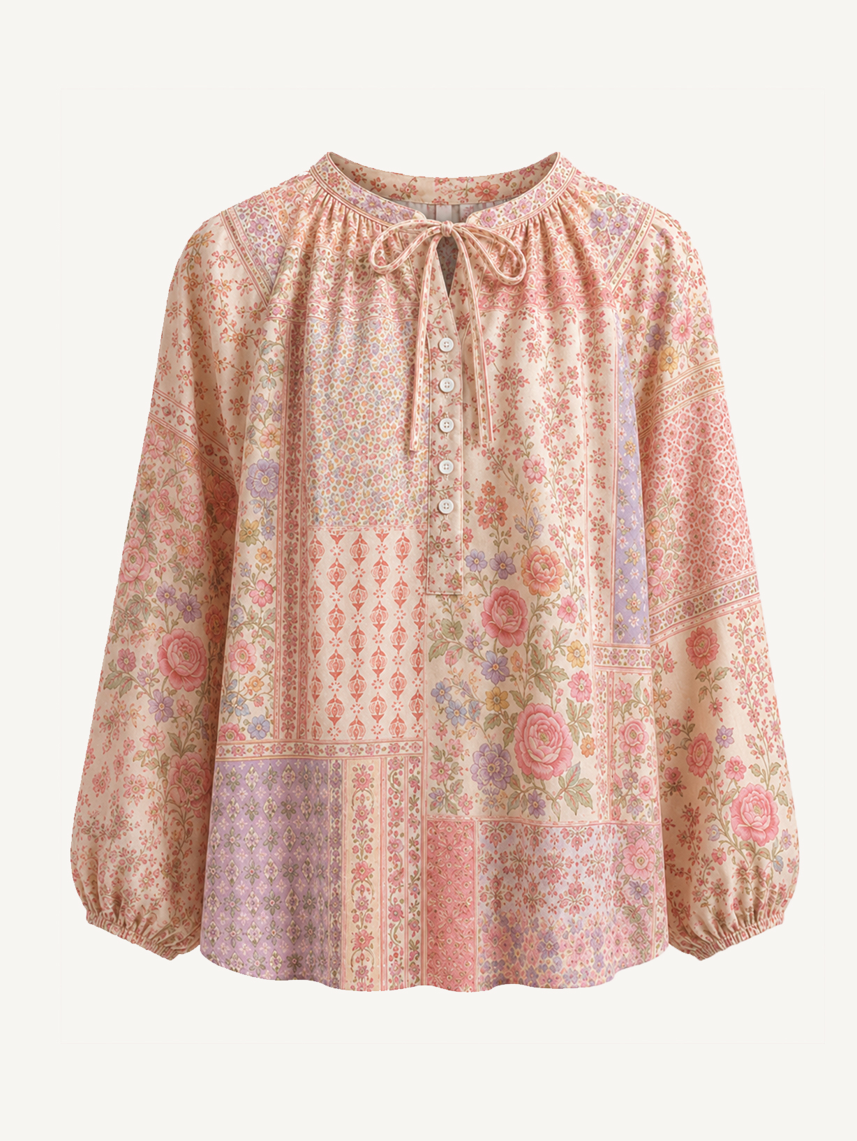Vintage Rose Patchwork Floral Boho Long Sleeve Tie‑Neck Blouse