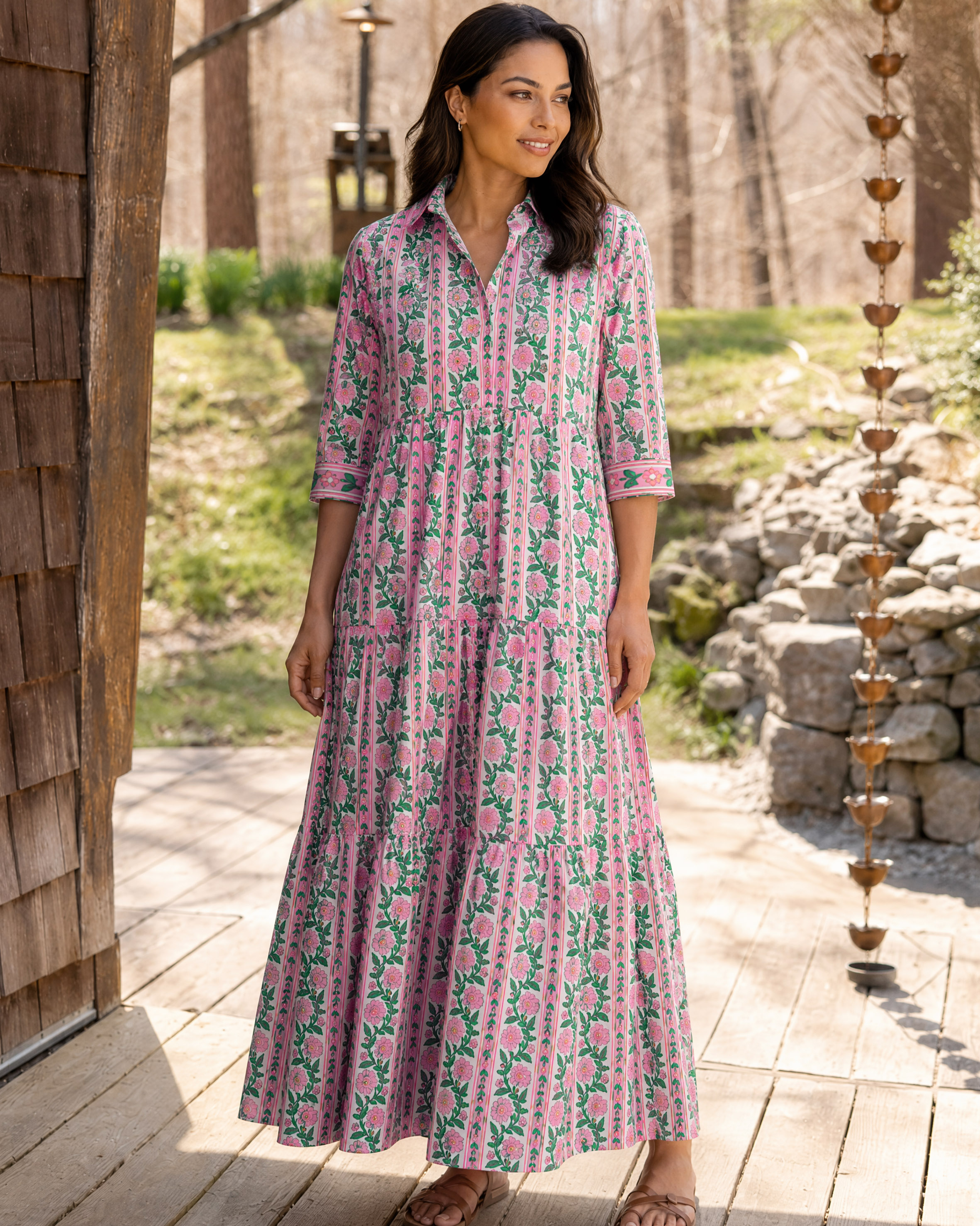 Pink Vine Floral Stripe Boho Elbow-Length Sleeve Midi Dress
