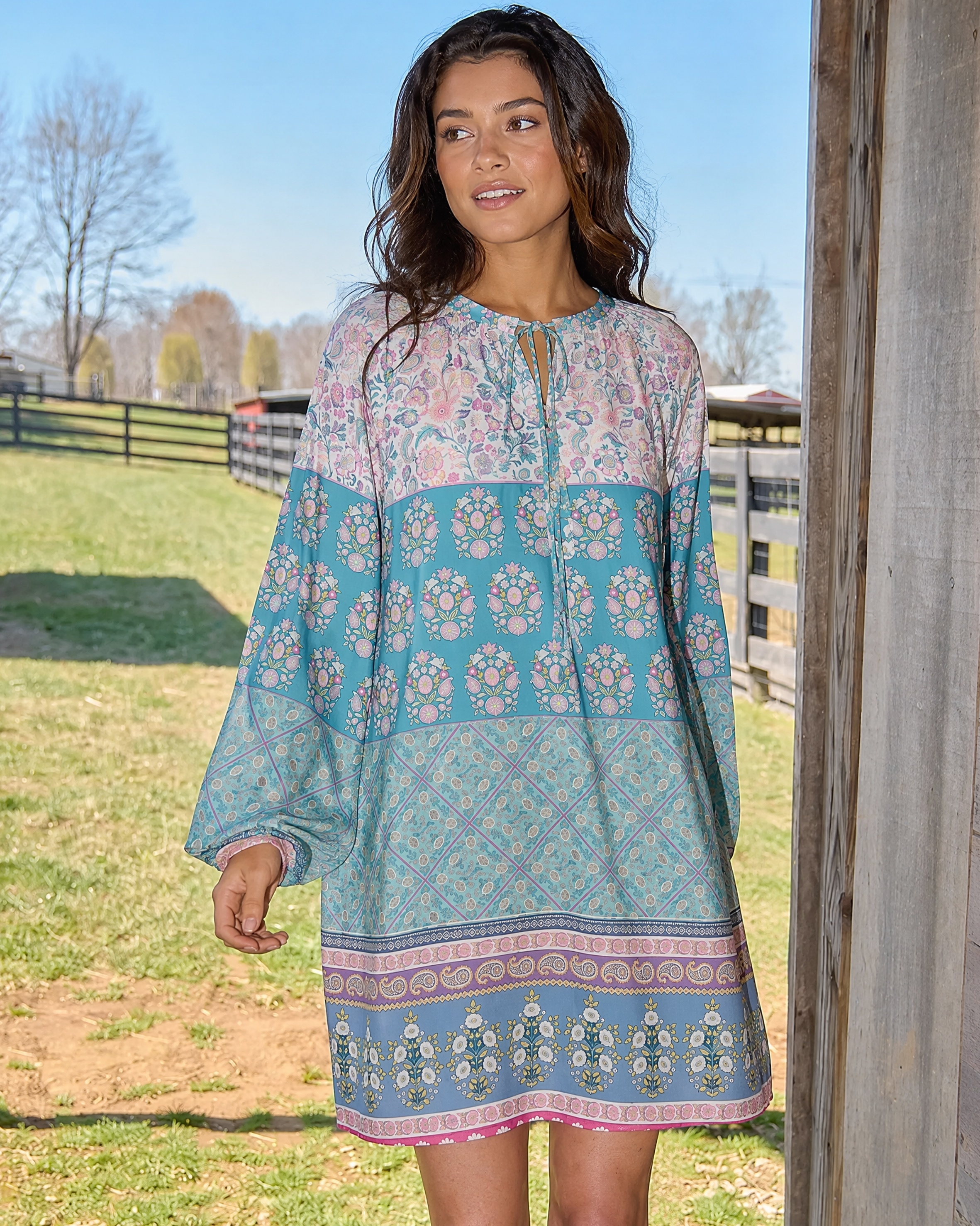 Pink Rose and Geometric Border Long Sleeve Mini Dress For Women