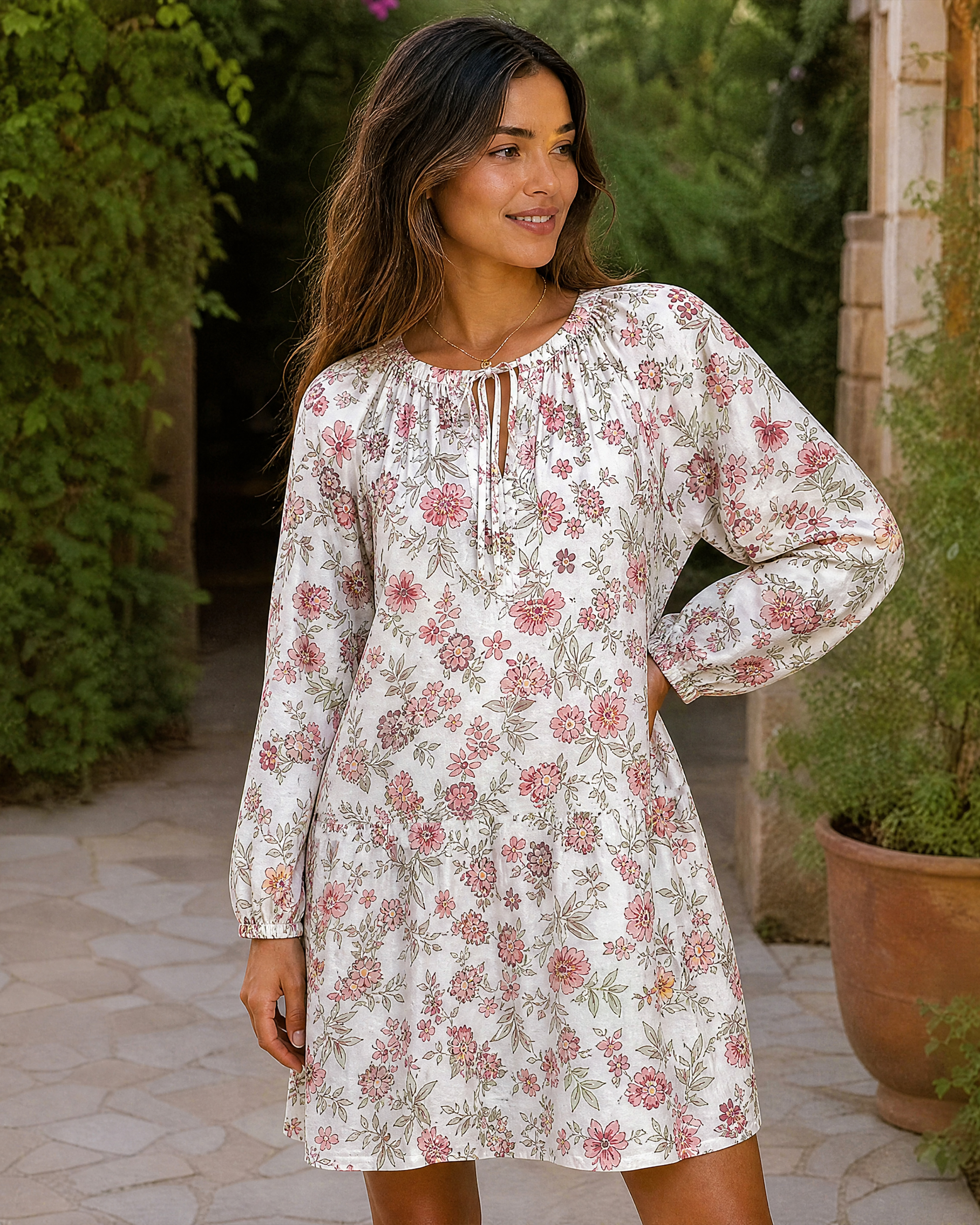 Pink Wildflower Meadow Tie‑Neck Long Sleeve Mini Dress
