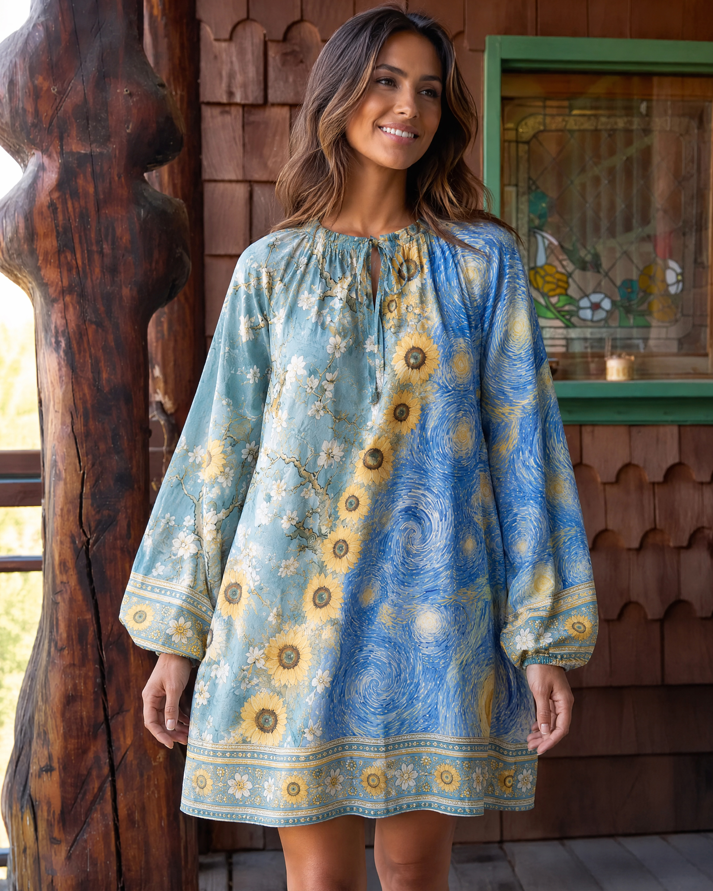 Van Gogh Almond Blossom Starry Night Sunflowers Long Sleeve Mini Dress