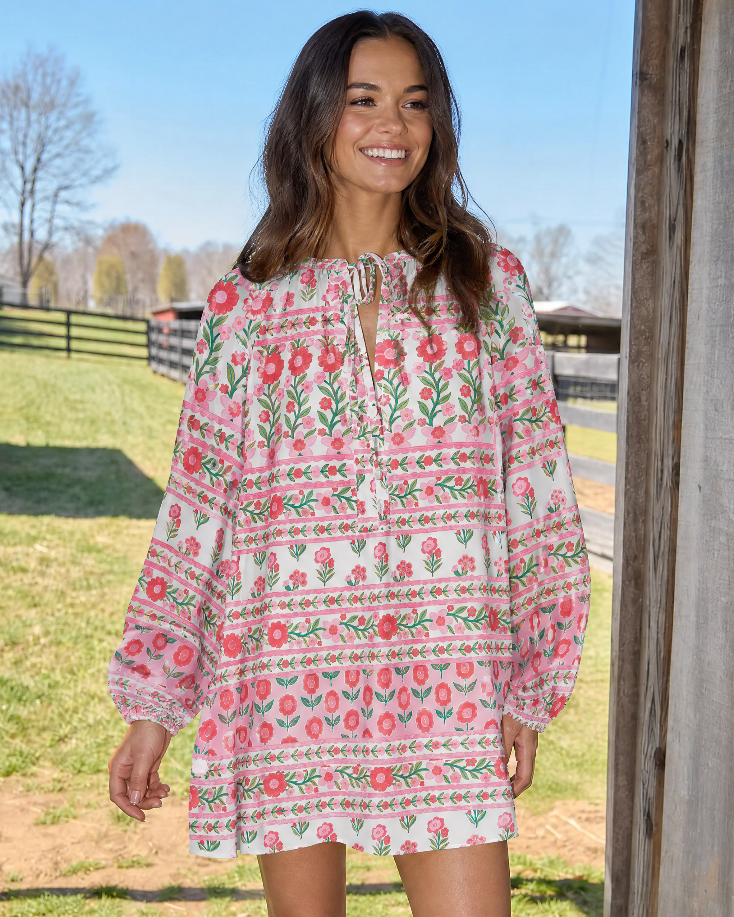 Rose Garden Stripe Floral Boho Long Sleeve Mini Dress