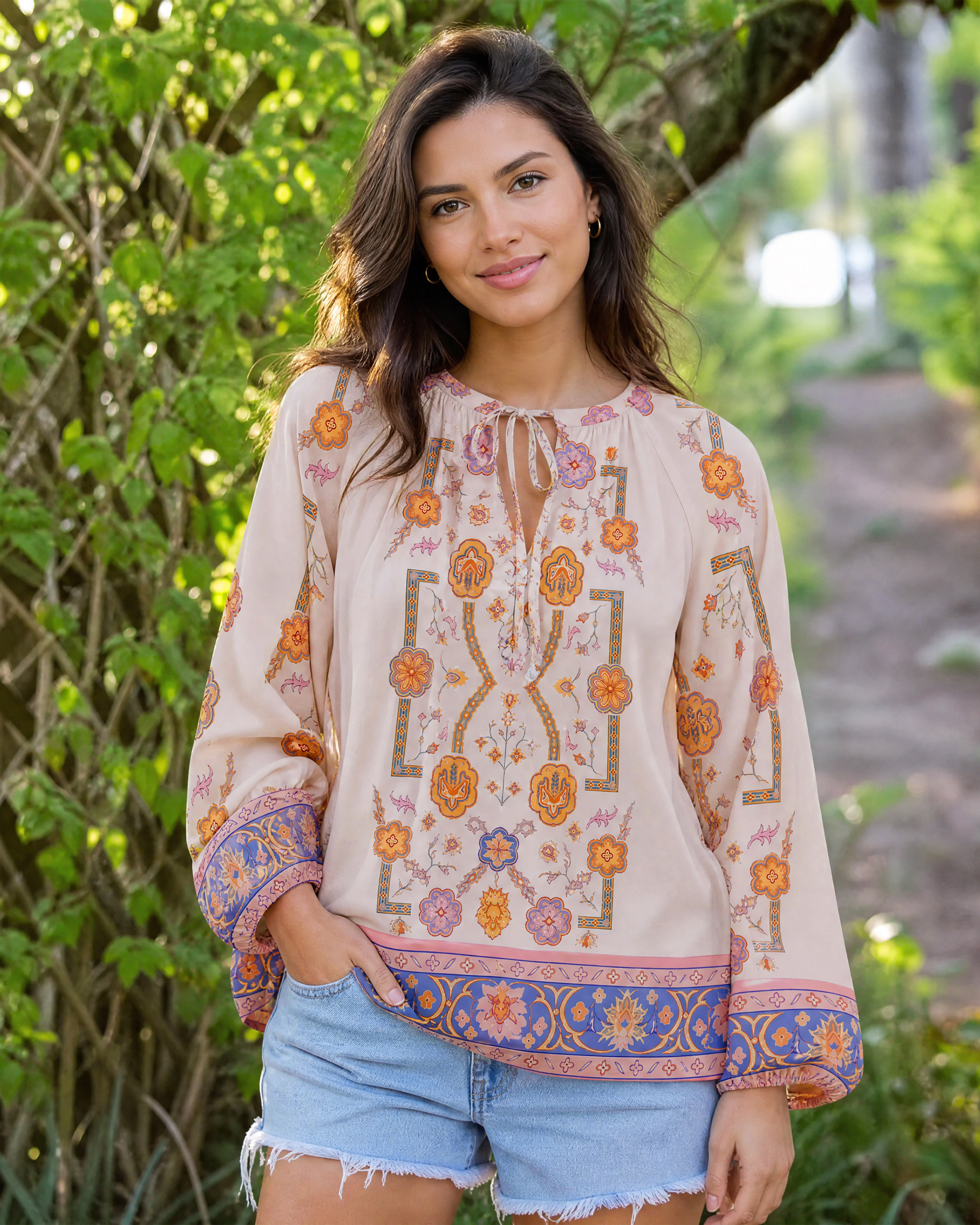 Boho Inspired Symmetrical Floral Long Sleeve Tie‑Neck Blouse