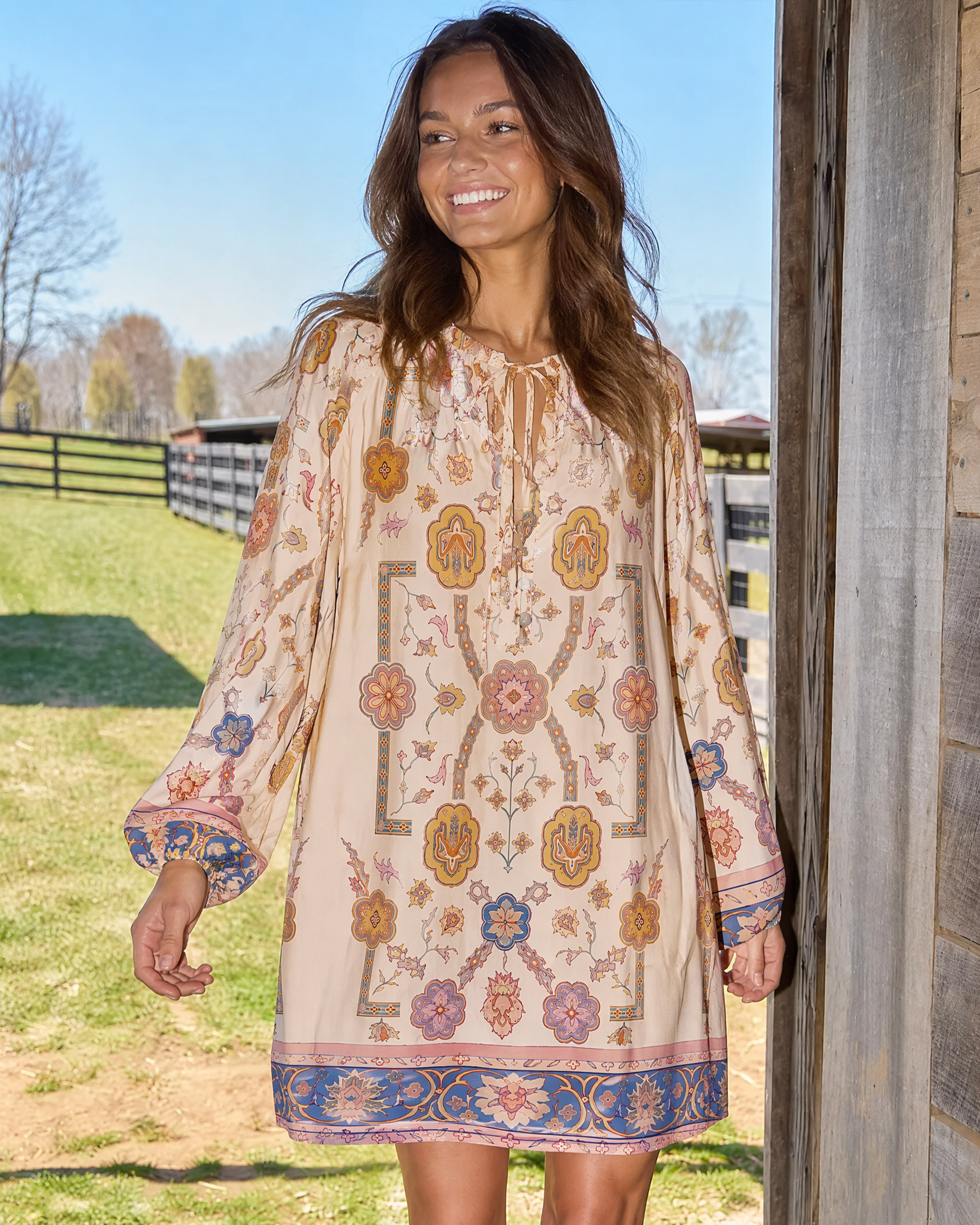 Boho Inspired Symmetrical Floral Long Sleeve Mini Dress
