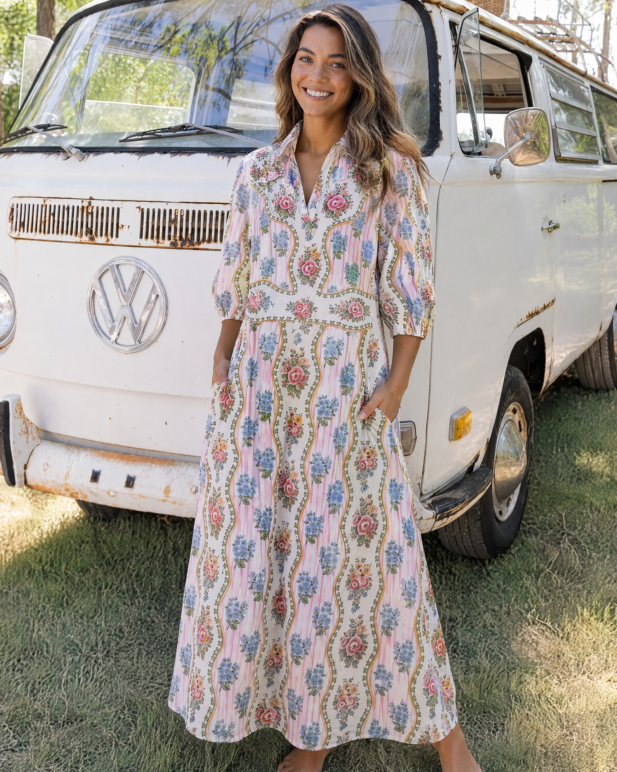 Pastel Floral Vine Border Print Boho Elbow-Length Sleeve Midi Dress
