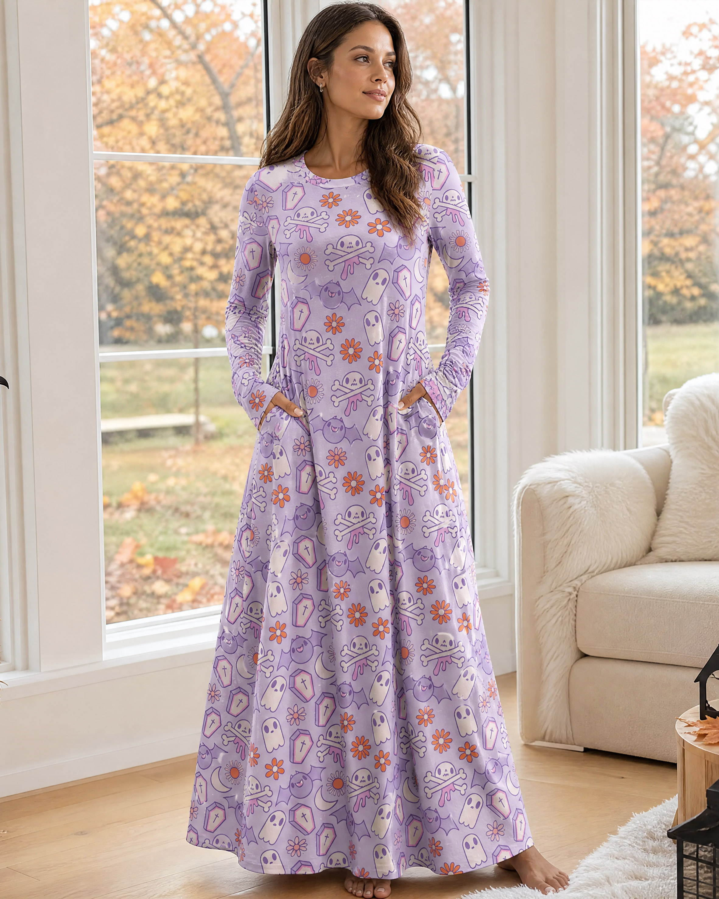 Lavender Ghost Garden Halloween Boho Long Sleeve Maxi Dress with Pockets