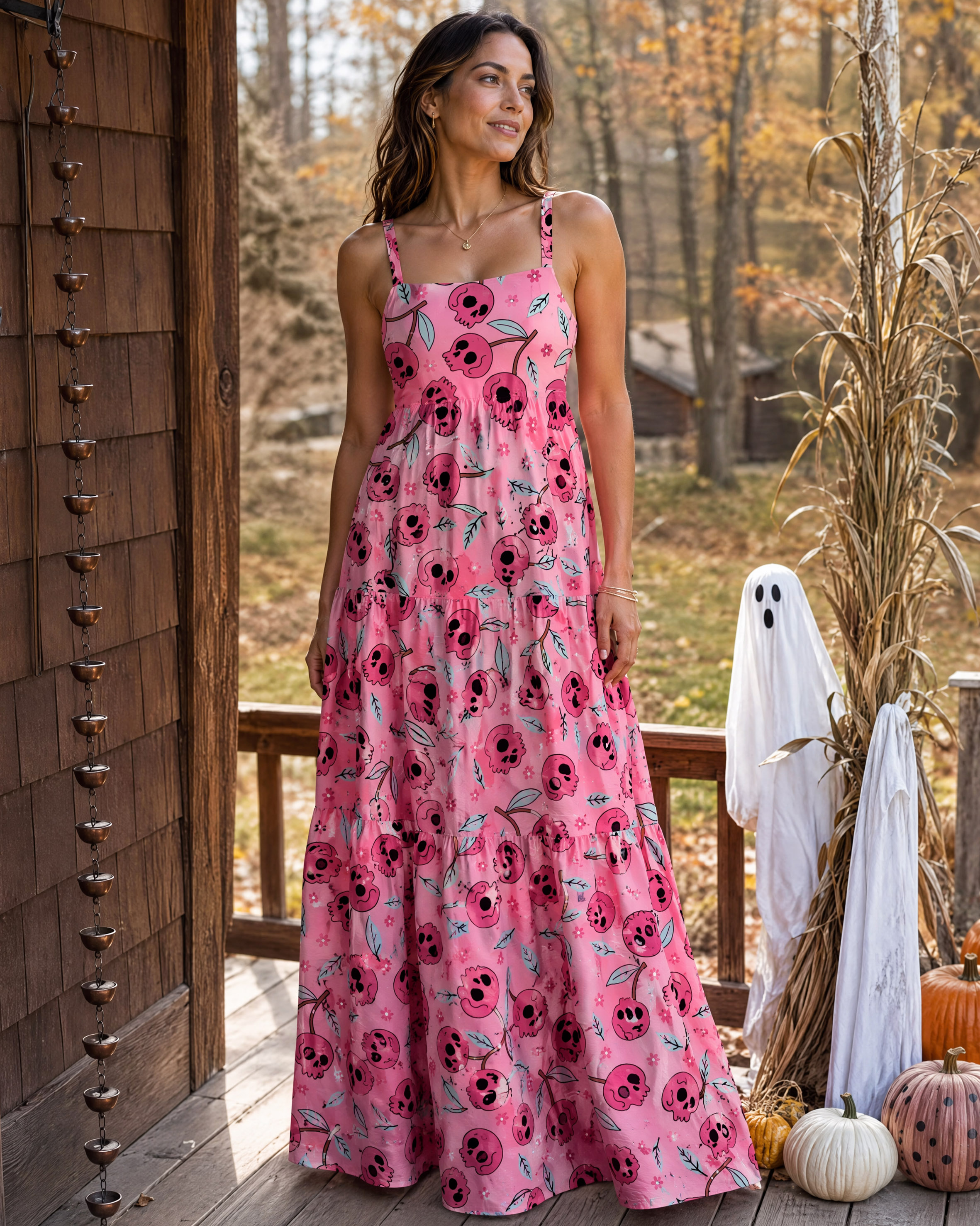 Pink Skull Blossom Halloween Strap Maxi Dress With Pockets