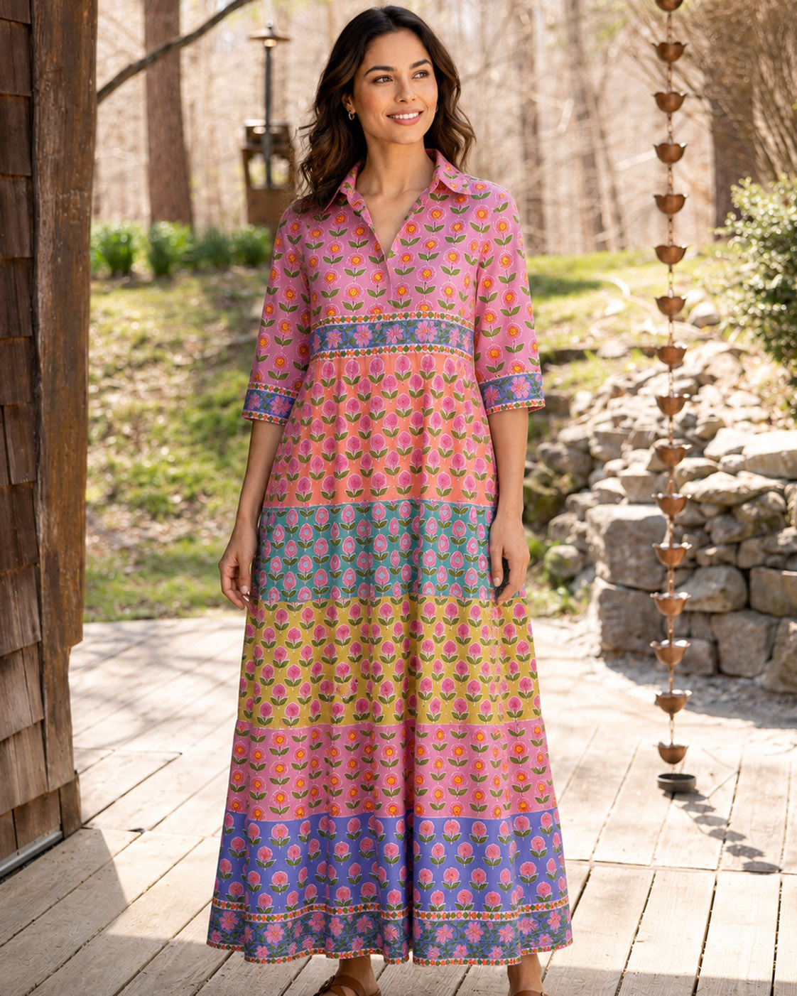 Colorful Floral Patchwork Boho Elbow-Length Sleeve Midi Dress