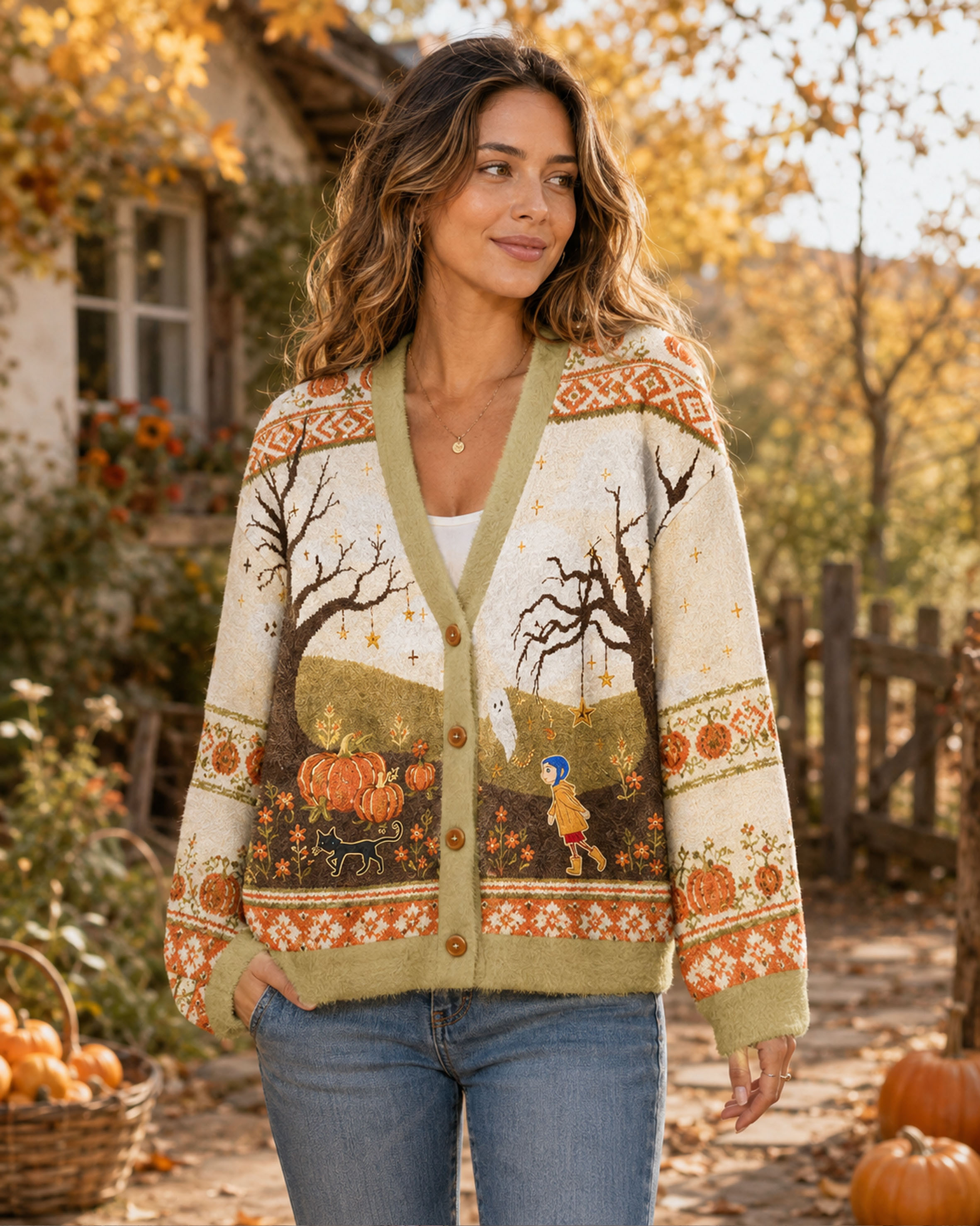 Halloween Forest Scene Pumpkin Buttons Women Cardigan Sweaters