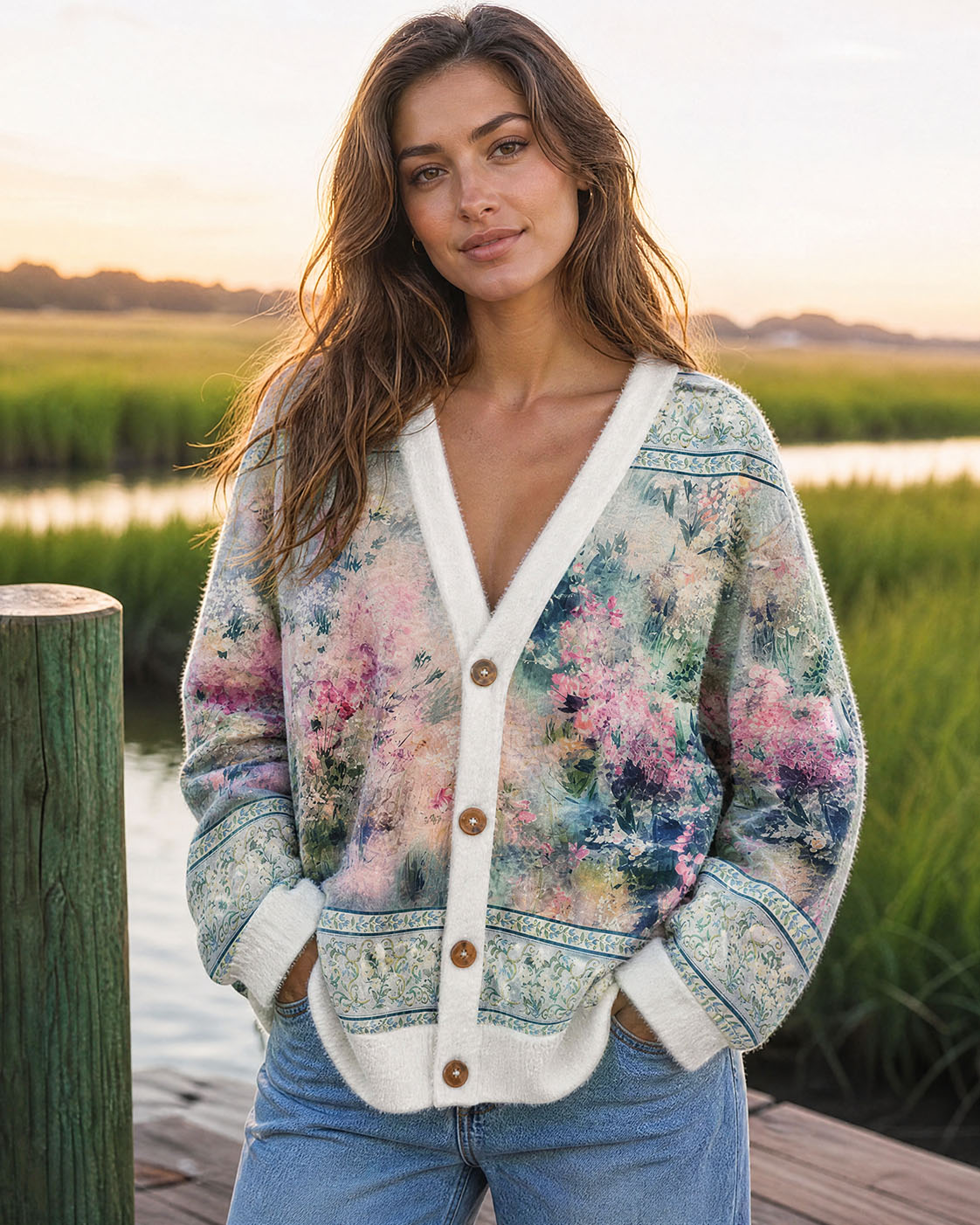 Watercolor Floral Garden Landscape Boho Buttons Women Cardigan Sweaters