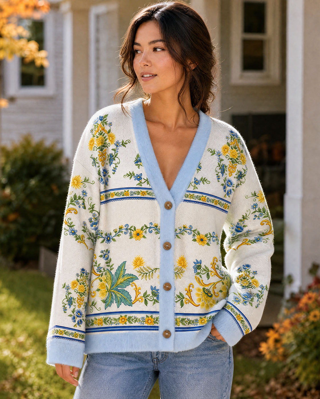 Blue & Yellow Botanical Border Women Cardigan Sweaters