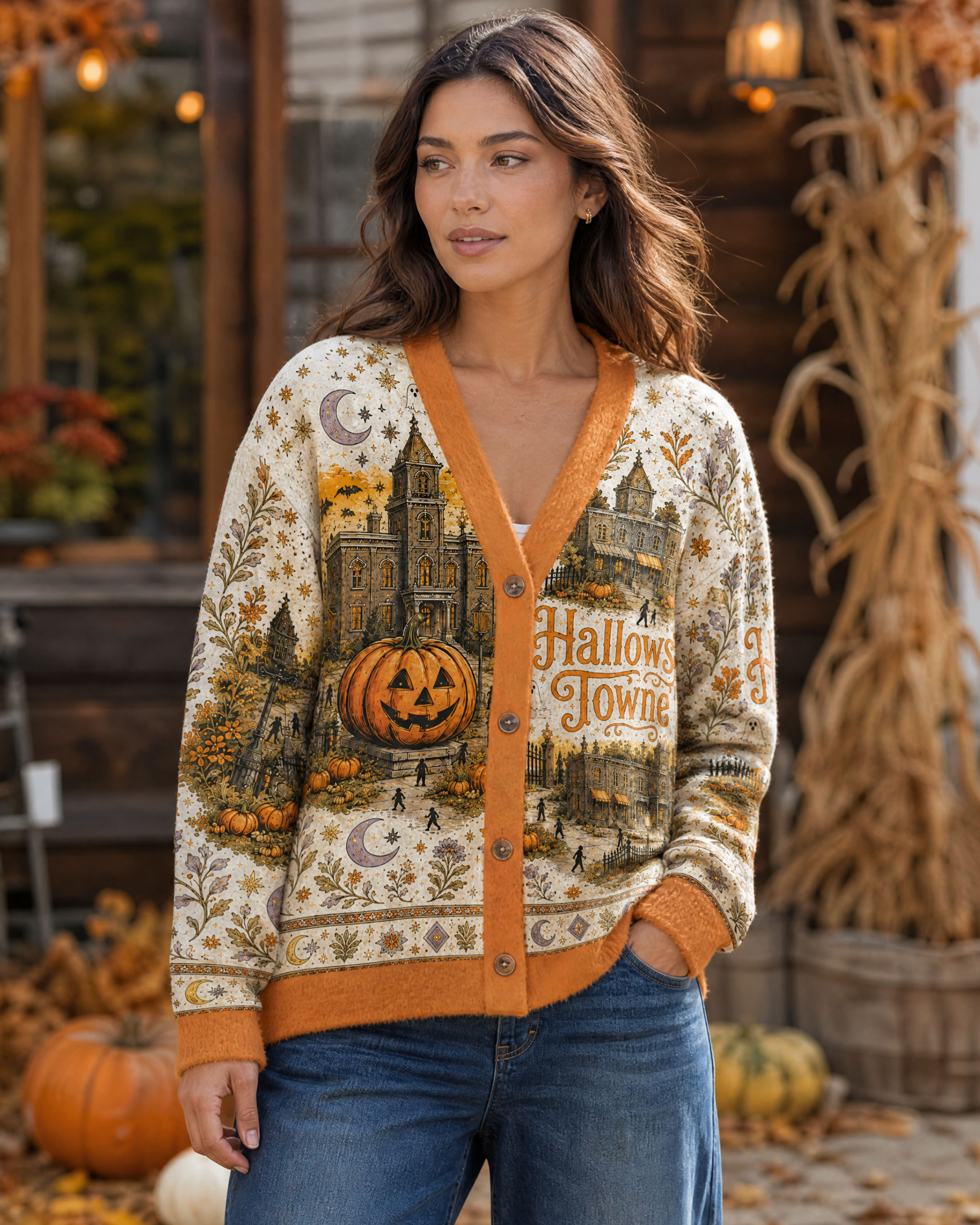 Haunted Village Pumpkin Print Halloween Cardigan Sweaters