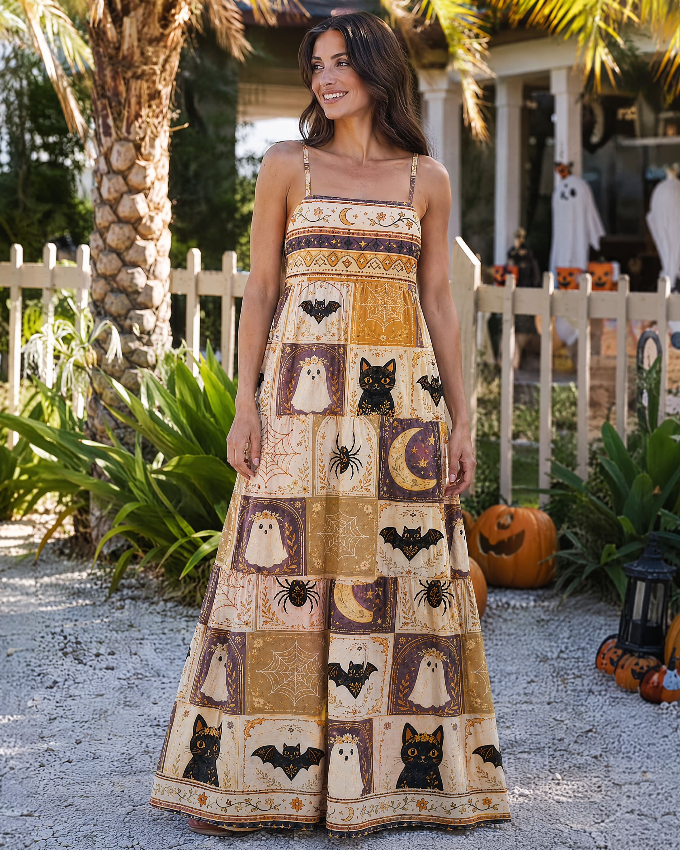 Halloween Cat & Pumpkin Patchwork Print Strap Maxi Dress With Pockets