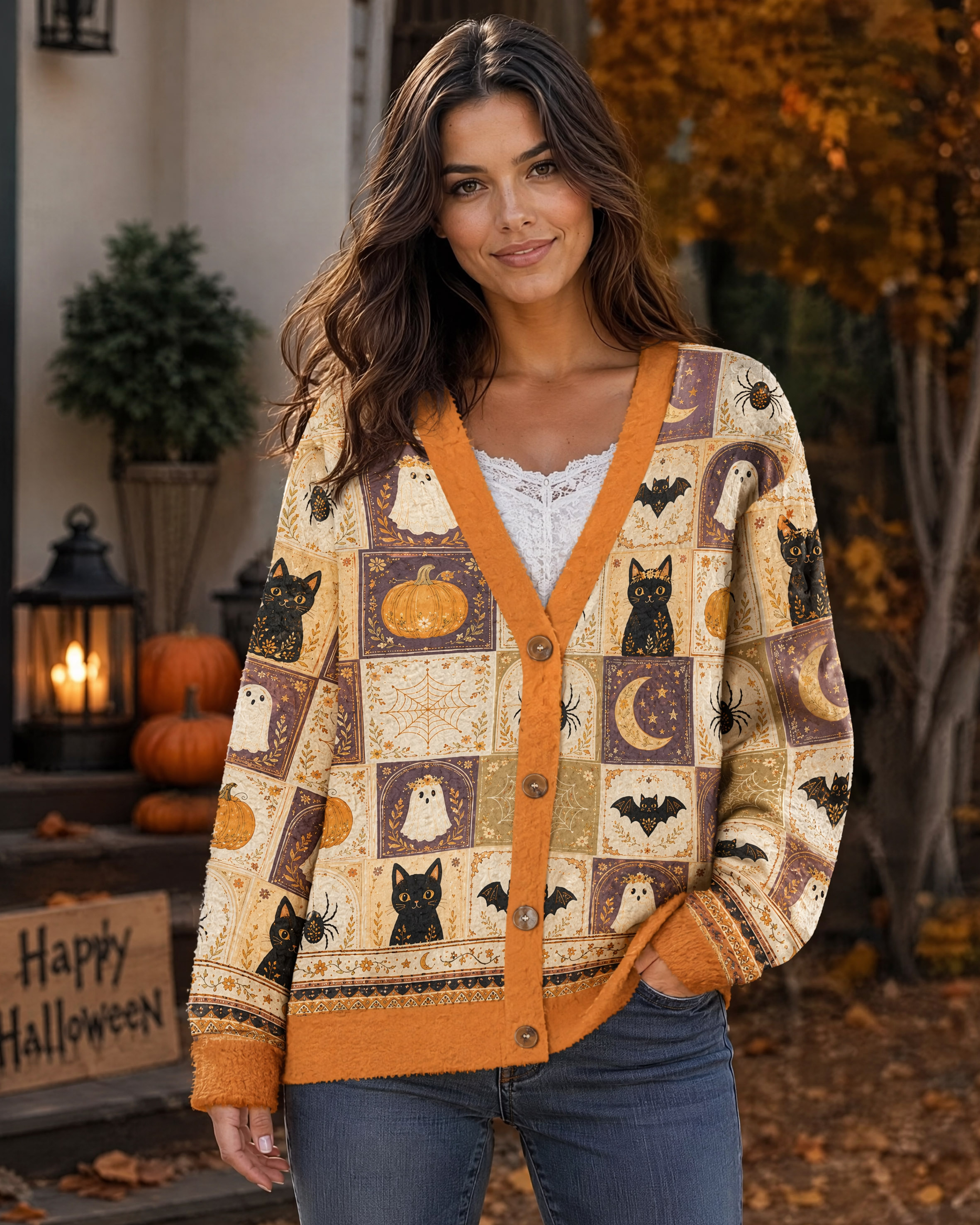 Halloween Cat & Pumpkin Patchwork Print Cardigan Sweaters