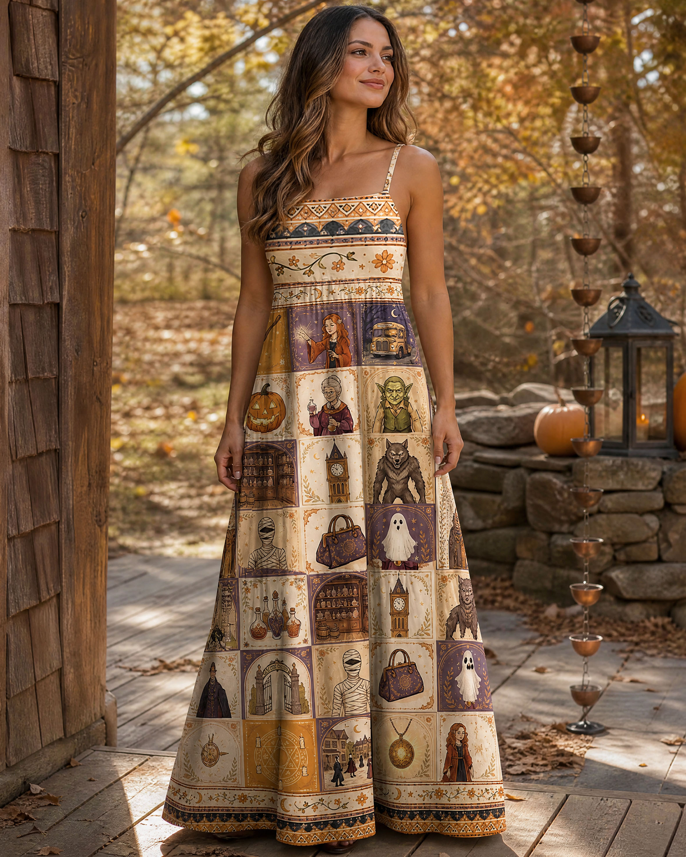Mystical Halloween Village Patchwork Strap Maxi Dress With Pockets