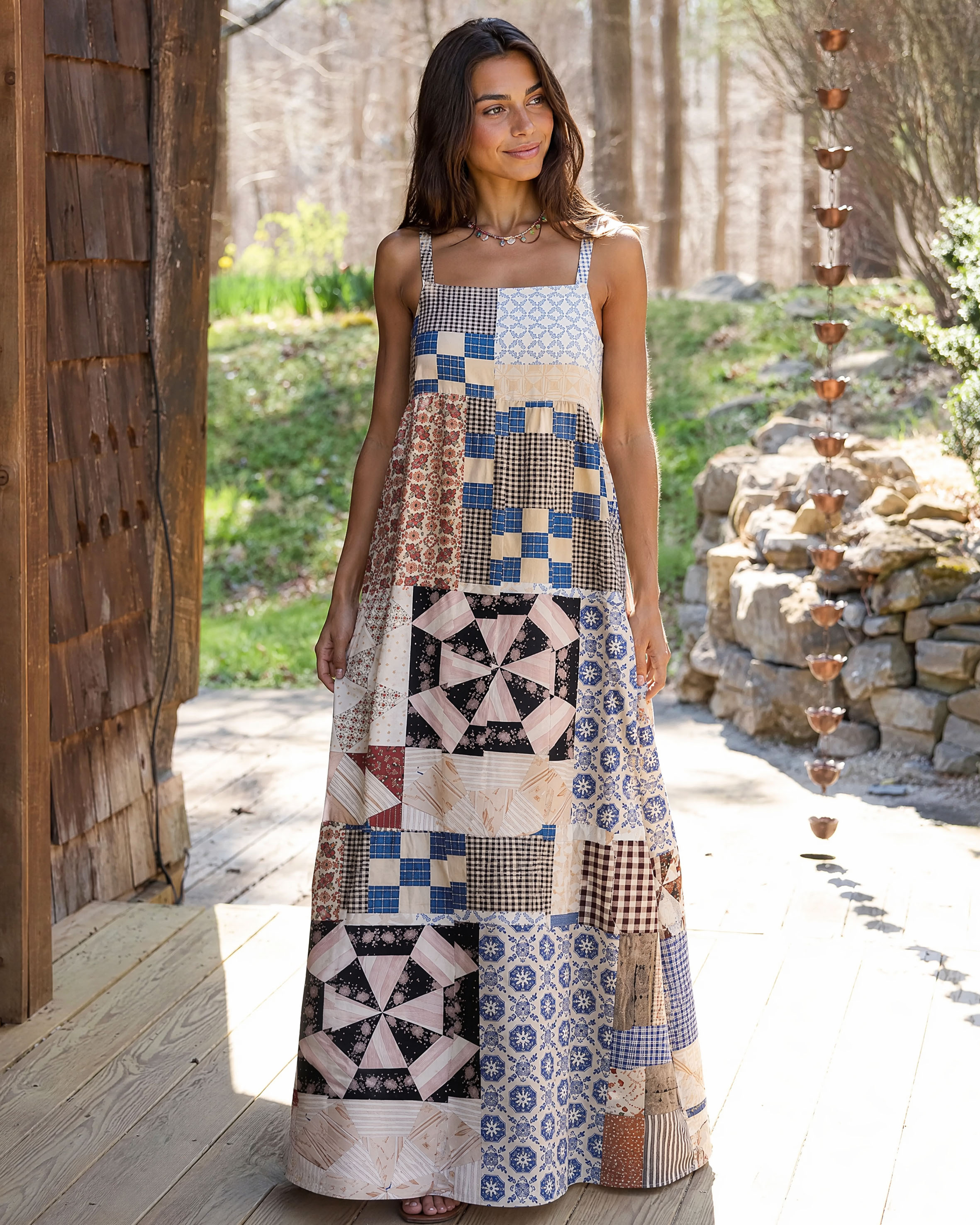Country Cottage Patchwork Print Strap Maxi Dress With Pockets