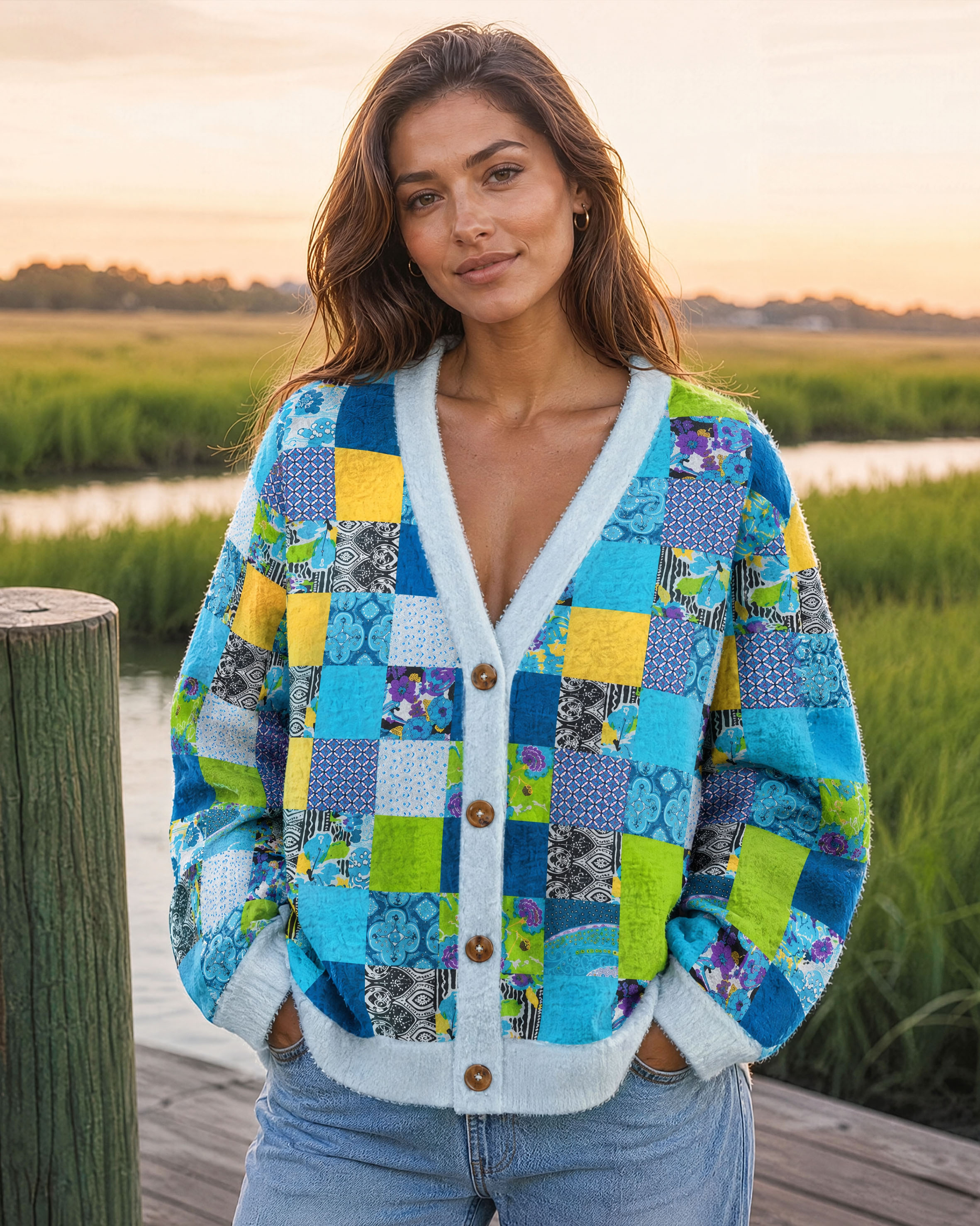 Geometric Floral Patterns Patchwork Cardigan Sweaters