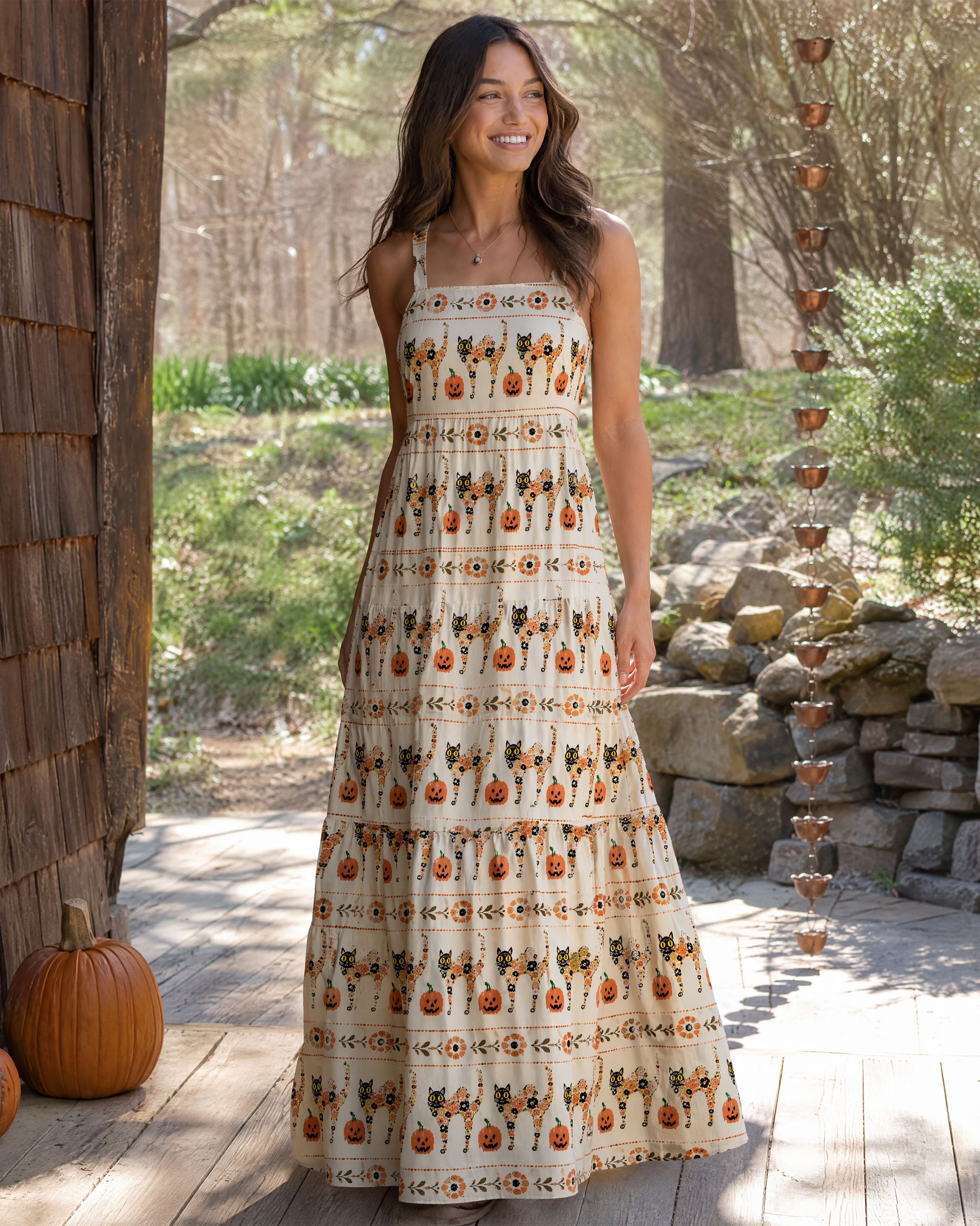 Halloween Cat & Pumpkin Boho Floral Strap Maxi Dress With Pockets