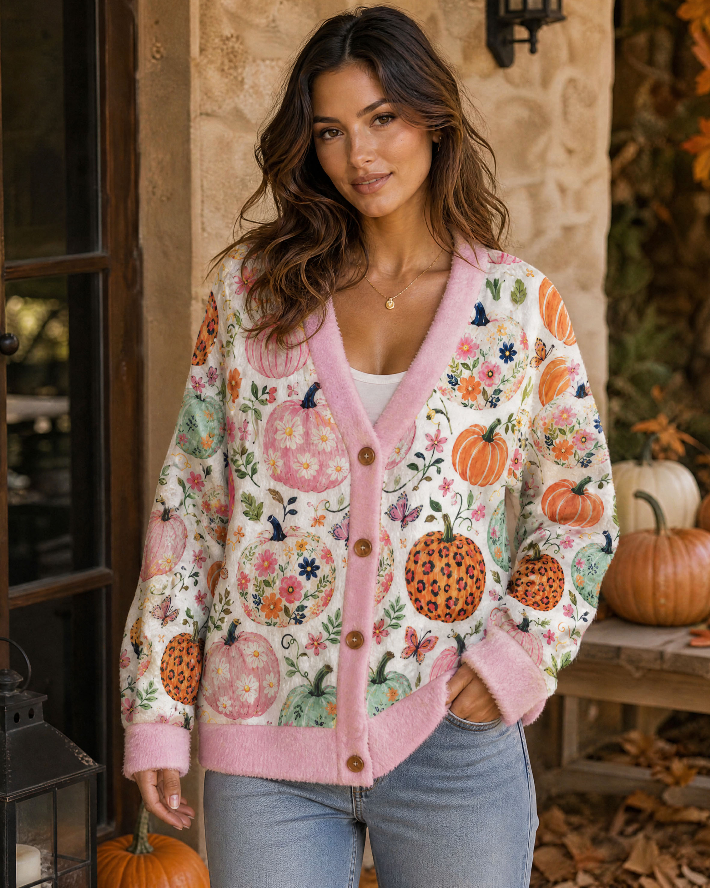 Floral Pumpkin Print Autumn Cardigan Sweaters
