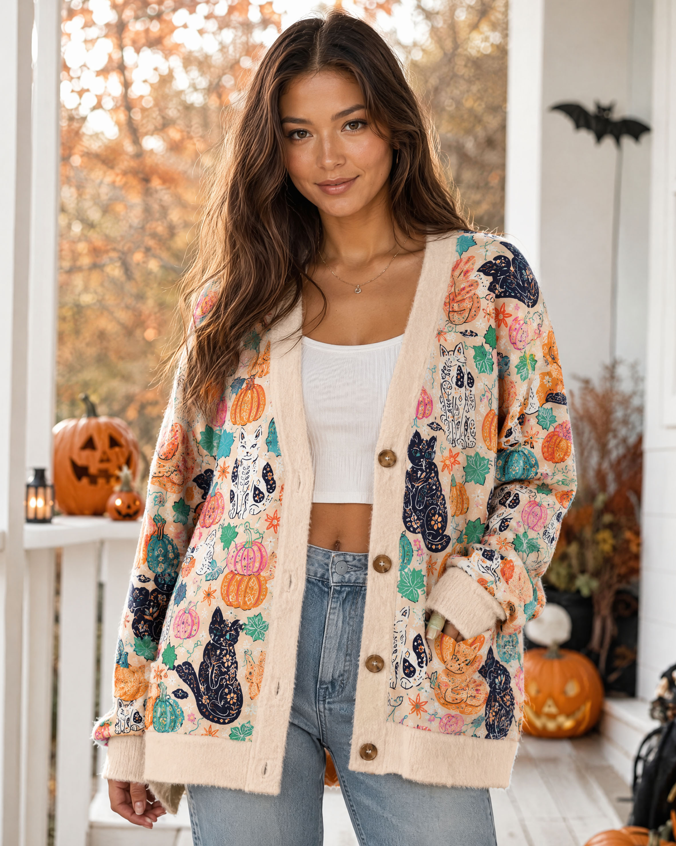 Autumn Black Cat & Pumpkin Floral Cardigan Sweaters