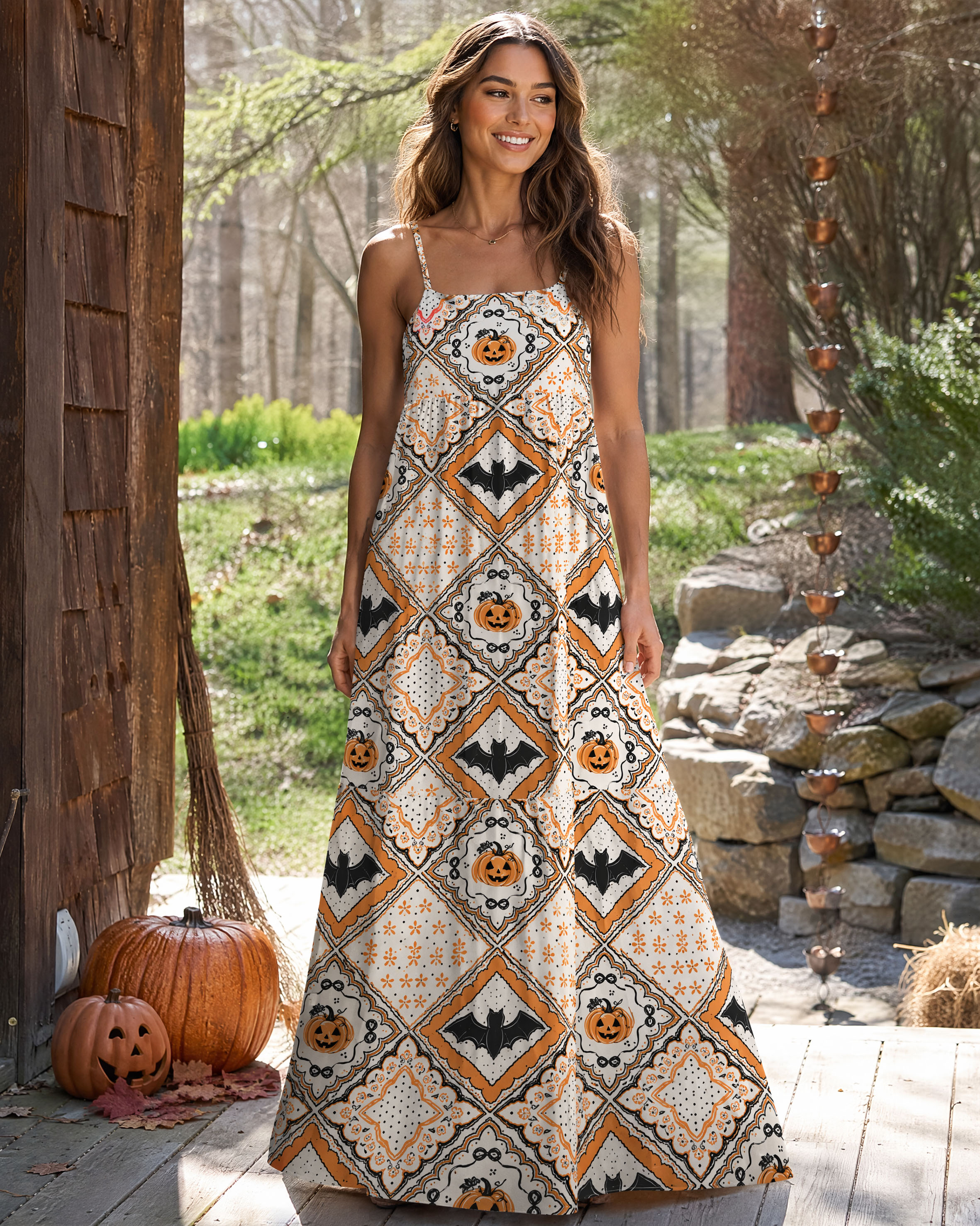 Halloween Bat & Pumpkin Vintage Boho Strap Maxi Dress With Pockets